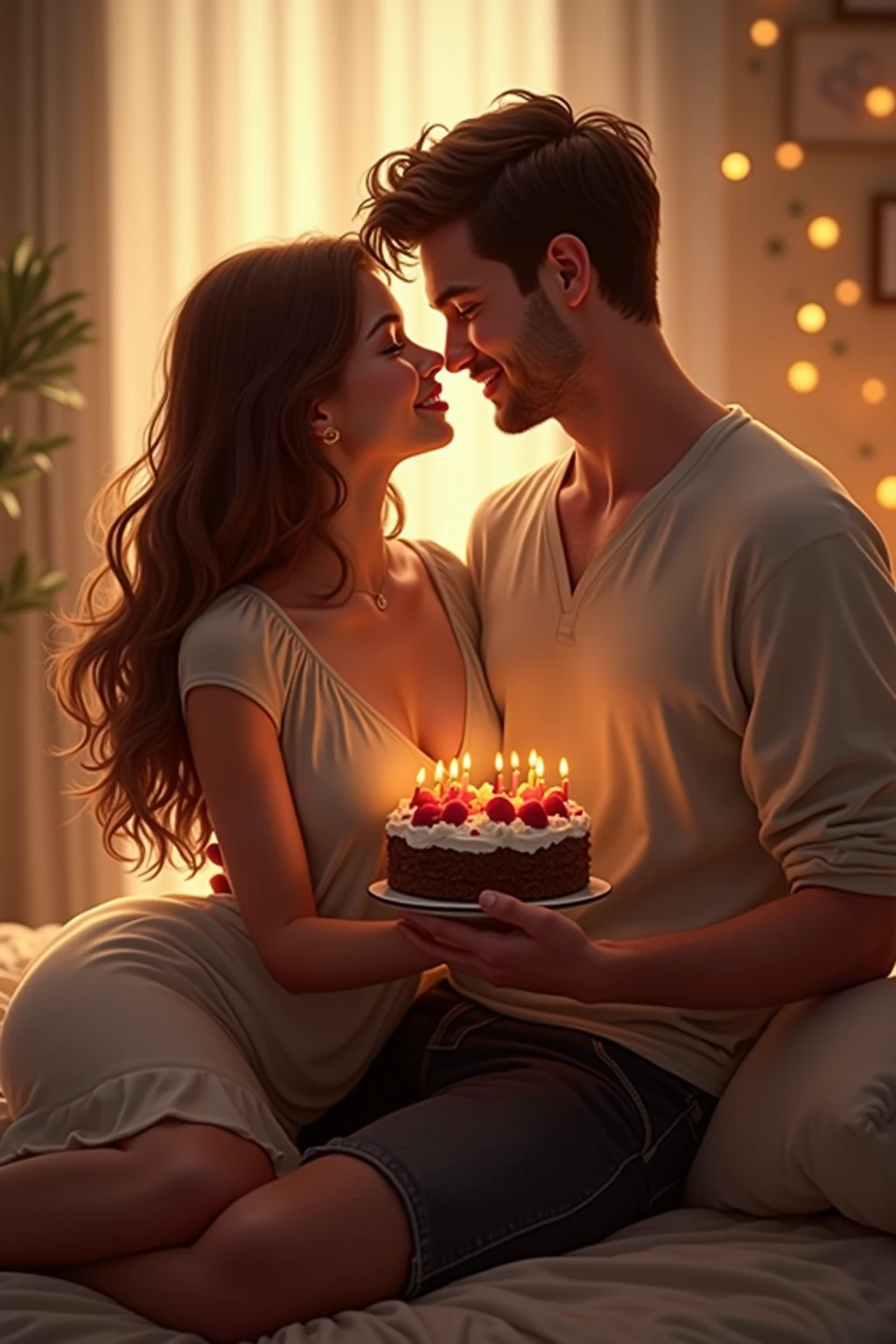 Happy birthday my hubby, handsome husband withgorgeaous beautiful and sexy wife, birthday cake, 40 years old, daughter and son , laughing, giggling, teasing, laughter, joy , romantic, happy, family ,kissing