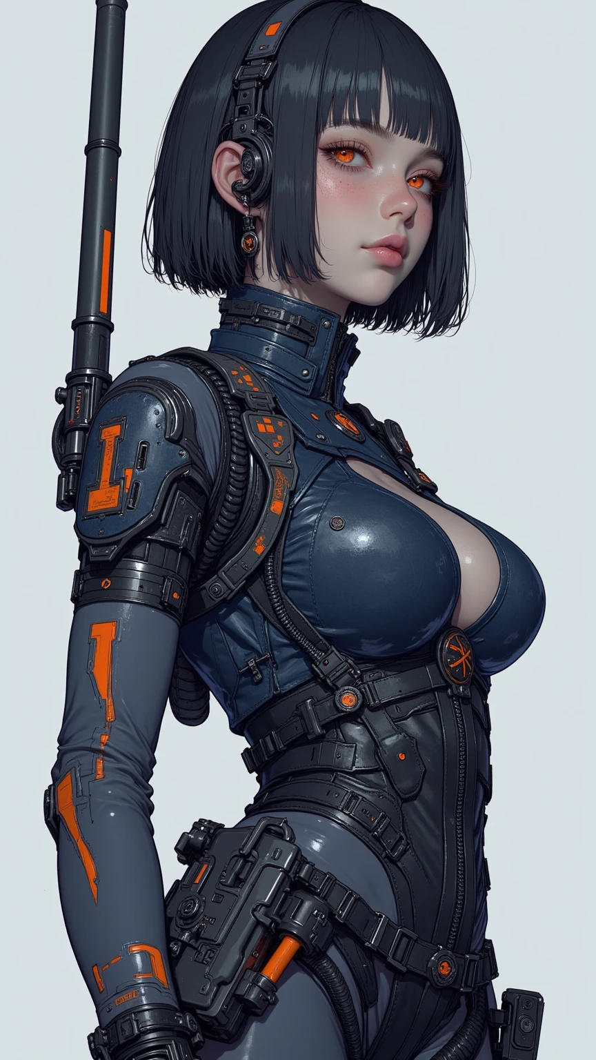 ((( dark grey blue suit and red))), (((bandaged arms))), ((high collar)), (((Ryuko Matoi dress))), (((micro dress with vertical seams))), (((best qualityer: 1.4))), (Unbeatable masterpiece), (hiper HD),(CG 8k hyper-realistic), (((brave face))), (((breasts big))), (((hyper feminine))), sexly girl, Thor,(black bob hair)), ((( sculptural body ))), (((1 Kizi))), Kizi cibernética de 25 anos com perfectbody,,Beautiful and well-groomed face,muscular body:1.2,solid color detailed jacket, (Head to thigh photos), Complex equipment, green dark,long pants,Tight clothes are dark,With white stars and off-white stripes,,,,,Armor Metal Electronic Parts) INFO, Kizi, (((standing alone))), pirralha violent, (((14歳))), sexly, pose de atitude, work of art, post-apocalypse, (((manga style))), bounty hunter, violent, Manic, the way you want, slenderbody, thin but strong, perfectbody, roupa moderna, advanced technology, neon, sleeves with vertical striped pattern, neutral background, (( cowboy shot )). intricate visual