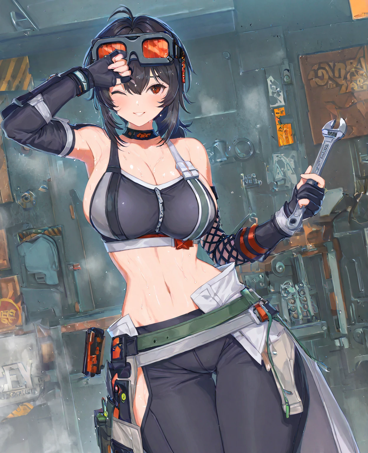 (masterpiece, highest quality, ultra high res, ultra detailed:1.3), 1 girl, ideal ratio body proportions, red eyes, (blue hair:1.2), high ponytail, unruly hair, brown tank top, military pants, military boots, bare shoulders, bare arms, open finger gloves, dog tag, full moon, night time, tank top covered nipples,