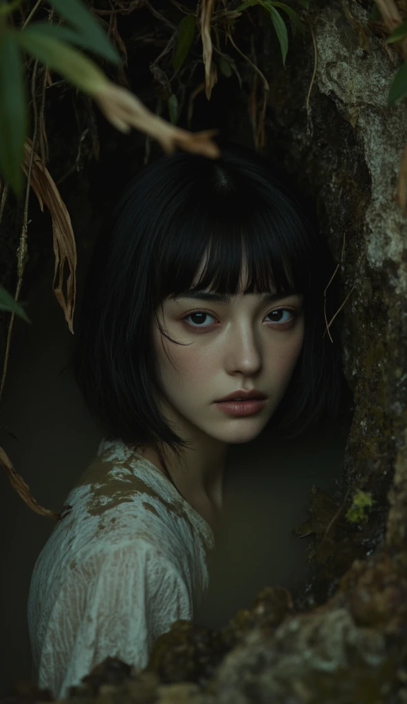 (masterpiece),T-Shirts,Tattered clothes,Spread your legs,Cleavage,Plump body,Cute face,Beautiful Face,Droopy eyes,double eyelid,trembling,Scary face,Medium Hair,Peeking from below,evening,rain,forest,Mysterious,high quality,Realistic,Perfect Japan,Beautiful woman,Bad guy、gravure,fashionable