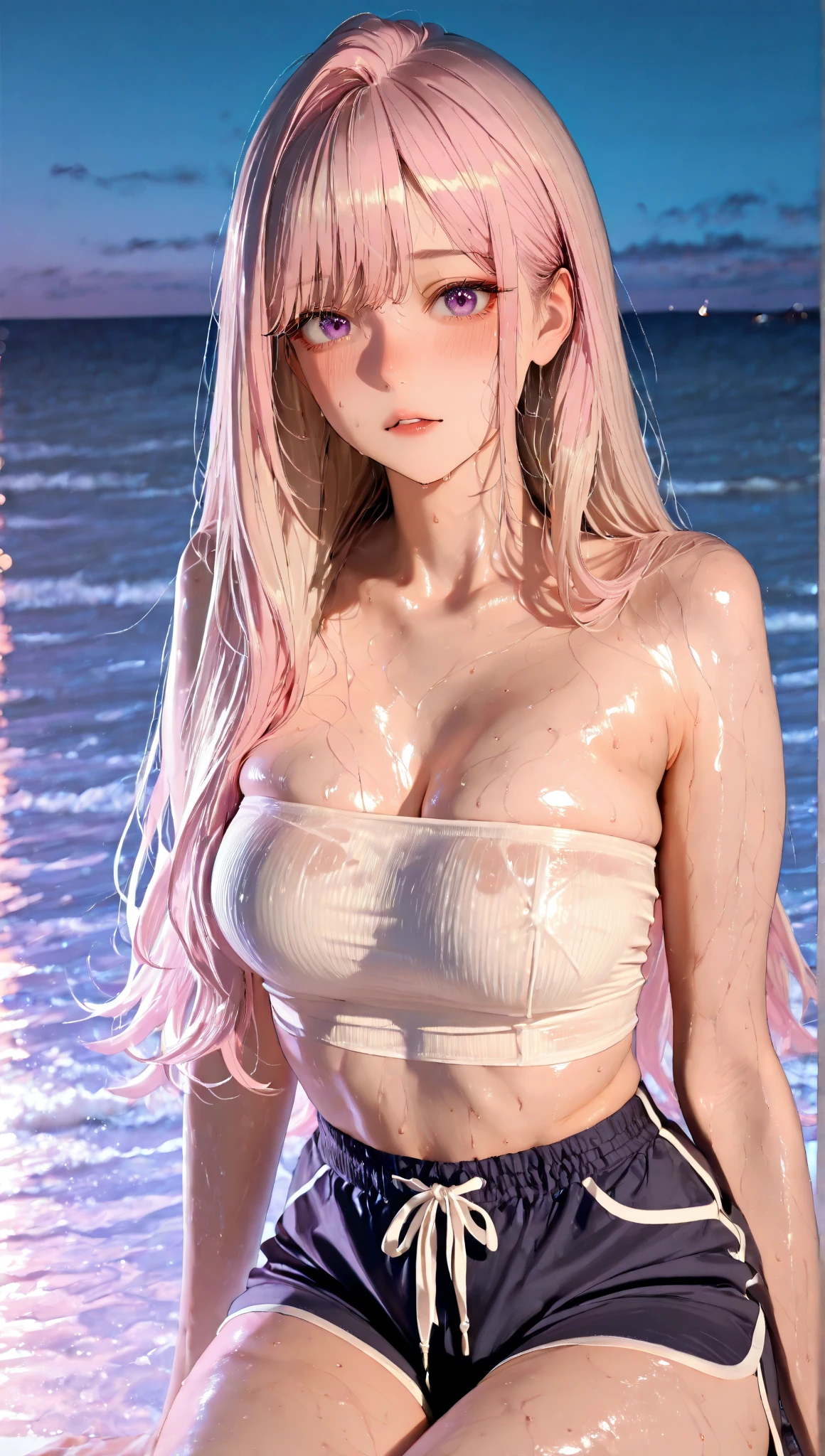 8K, Ultra High Definition, Super detailed, Shiny detailed hair, detailed face, fantasy landscape, solo, looking at viewer, {{best quality}}, {{masterpiece}}, {{ultra-detailed}}, {detailed light}, ultra high quality eyes, detailed eyes, perfect eyes, large eyes, detailed yellow eyes, pink hair, long hair, blue angel halo, tattoos, beautiful, skinny body, white skin, slutty, erotic, suggestive, view from the back, looking from behind, curvy booty, showing the butt, {{nsfw}}