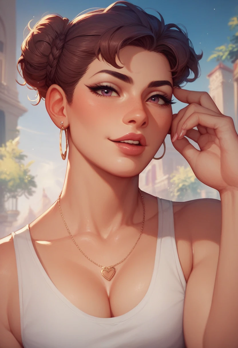 Vintage retro art print of a smiling woman, rosto perfeito, Symmetrical face, French face, rosto sensual, mischievous smile she is wearing a complex sundress,as a backdrop a terrace in Sorento, not Gil Elvgren's art style, premiado, Obra de arte, dramatic lighting,