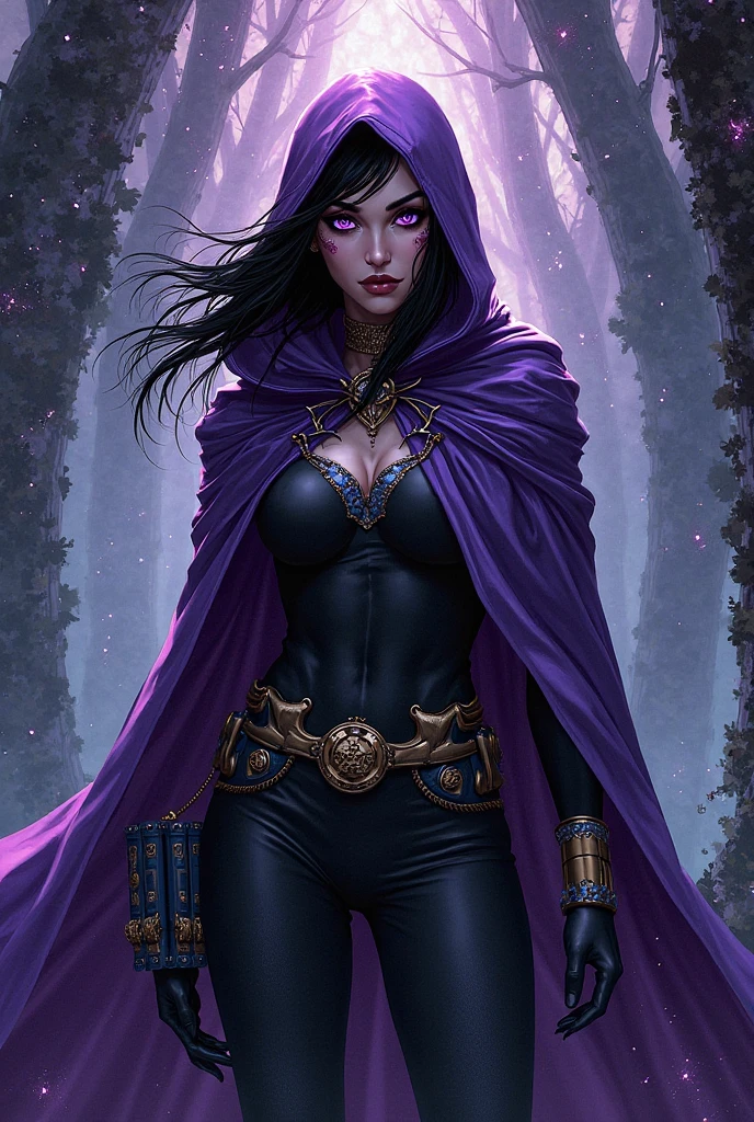 bromart <lora:bromart2:1>, raven \(dc\), black leotard, belt, hood up, cape, forehead jewel  <lora:R3333V3N:0.9>