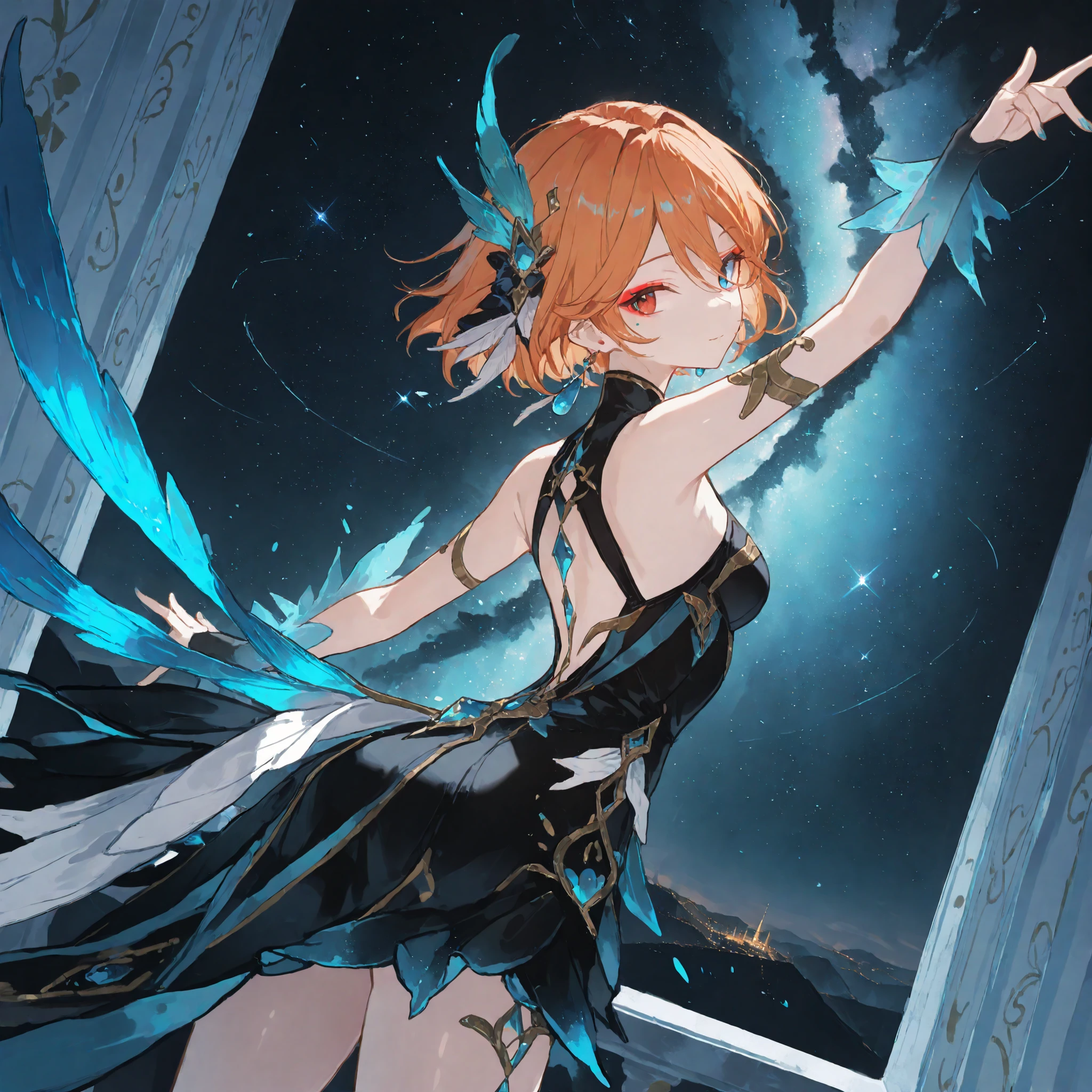 4k resolution, masterpiece，8k ，wallpaper，detailed background，maximum resolution，best quality，HD Image Quality， top quality，Best CG，Best Art，Ultra Precise Art， I pay attention to every detail ，ultra-fine rendering style，beautiful starry sky，Countless meteors pass through the sky，{There is only one female character}，Twenties，noble，sideways，Look Back，Invite you to dance， Beautiful Facial Features ，{{orange short hair }}，（exquisite aqua blue crystal feather hair ornament），（black and white tight dress），（The expression on the face：Playful，Confident and elegant），{ her left eye is blue ， Right eye is red }，{{fuchsia eyeshadow}}