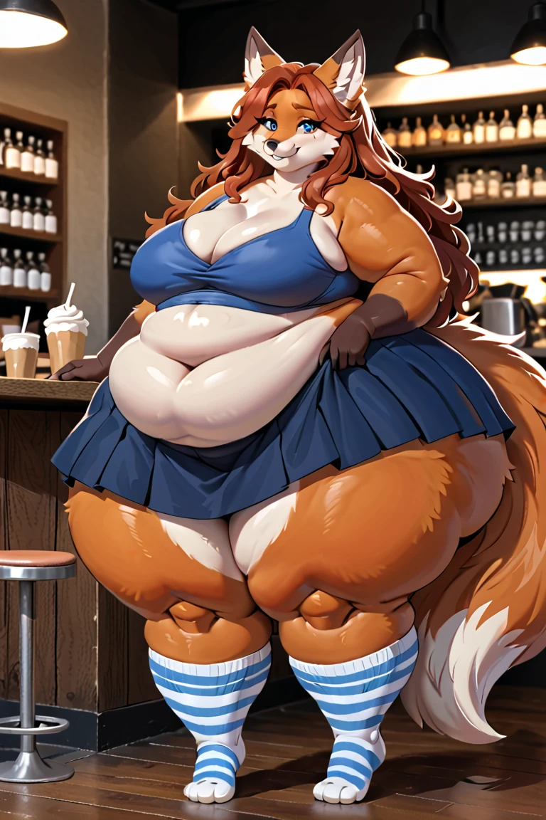 a female anthro fox in a fancy restaurant, furry, thicc, thick, thick thighs, chubby, wide hips, bottom-heavy, plump, wearing a long tight blue dress, tight dress, casual dress, copper hair, long hair, wavy hair, fluffy, fox, blue eyes, smiling, fat, plump belly, tail, fox tail,,, a cute 3D icon of undefined, cartoon 3D icon, very cute shape, stylized octane render, 8k, masterpiece, soooo cute, beautiful cute perfection, beautiful soft lighting, soft colors, centered, high resolution, undefined, soft gradient background
