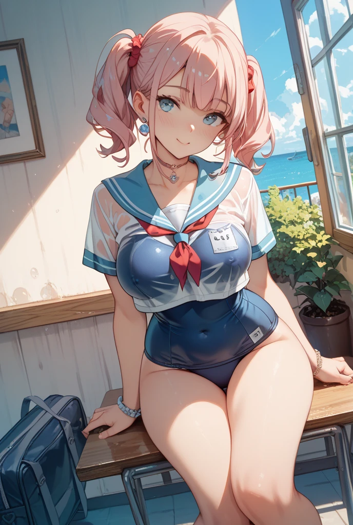(Best quality, 8k, 32k, Masterpiece, UHD,:1.2),RAW, human, 1girl,ultra cute , ultra cute, natural lighting,transparent shining eyes, 20yo, medium breast ,femur, fair complexion , flushed face,  sailor suit, playboy rabbit ear, show off panties, pink hair, short hair,