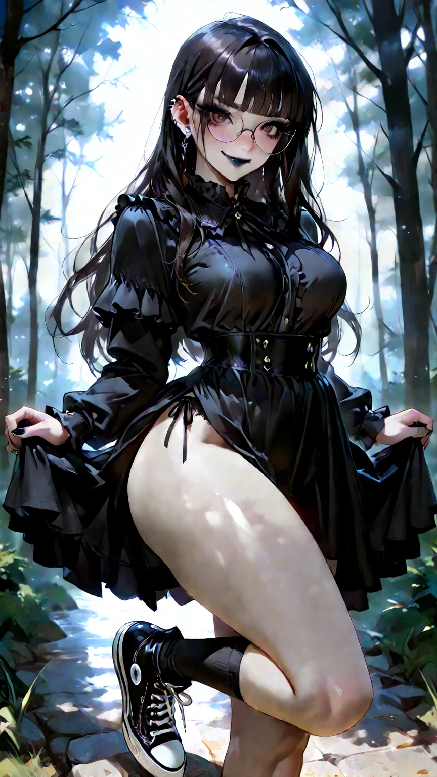 A beautiful girl in a black dress leaning forward on a wooden platform, she is lifting something, turns to look back, looks back at the viewer, anime girl, rose garden, beautiful and sunny day, black lolita dress with lots of ruffles, floral print dress, short sleeve, lolita choker, low-cut chest, big round breasts, white lace thigh-high stockings, white lace panties, (shows her panties: 1.4), thin lingerie, black lolita shoes, dark brown hair, gradient bangs, french braid, long hair, ponytail, wavy hair, swept bangs, shiny hair, hairclip, hair ribbon, hair flower, jewelry, lolita hairband, aqua eyes, glowing eyes, pupils sparkling, earrings, light smile, blush, happy, red lips, slim waist, shapely legs, beautiful thighs, cute round buttocks, exposed ass, princess dress, short skirt, skirt lift, upskirt, high detail, anime, dithering, image fill, from behind, from below, perspective, Wide-Angle, f/1.8, 85mm, Sony FE GM, 8k, 8k wallpaper, super detail, highly detailed CG, UHD, retina, masterpiece, accurate, anatomically correct, textured skin, highres, best quality:1.3, 16k