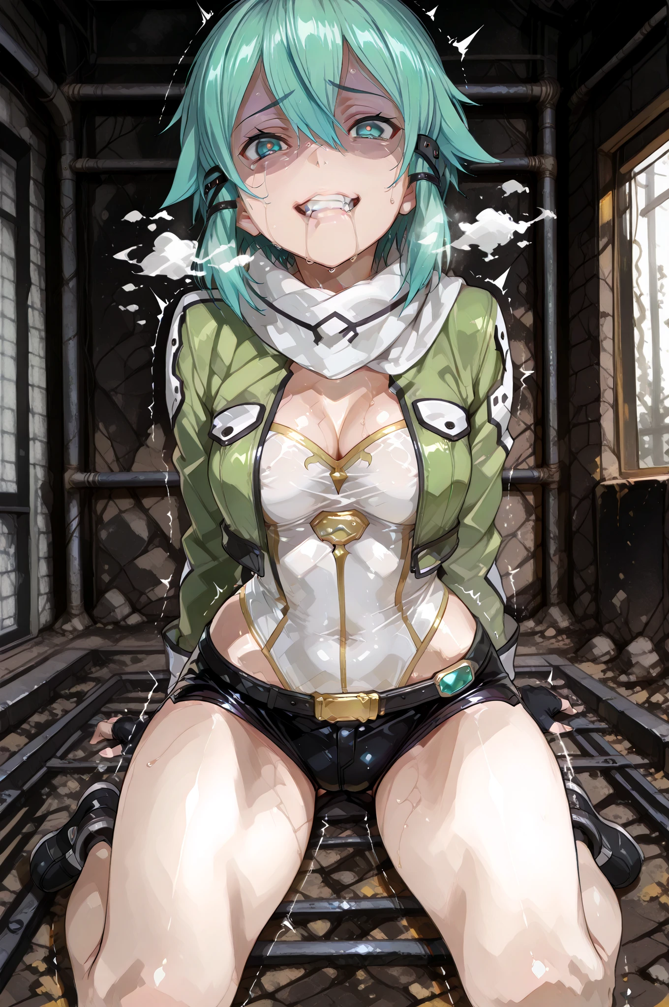 (2000's anime, retro art style, cel anime, clean brush stroke, masterpiece, best quality, highly detailed, perfect ???????), Interior of abandoned concrete building background, 1girl (solo:1.5), Code Geass, C.C, eyebrows visible through hair, light green color very long hair, yellow eyes, half opened eyes (beautiful detailed eyes:1.2), look at viewer (caring look:1.5) (shed tears:1.5), open mouth (sticking out tongue:1.0) (mouth drool:1.0), dutch angle, blush, full body, full nudity (completely nude:1.5), skinny arms, gigantic breasts (alternate breast size:1.5), long pointed breasts (natural saggy tits:1.5), scar on breasts, wide areolae (ebony color areolae:1.5), puffy areola (nipple buried in areola:0.0), navel, narrow waist, small ass, pussy (female pubic hair:0.0), narrow thighs, skinny legs, squatting (spread legs:1.2), clitoris, urination, kneepits, tiptoes, no shoes, bdsm, bondage, bound arms, bound legs, breast bondage, 