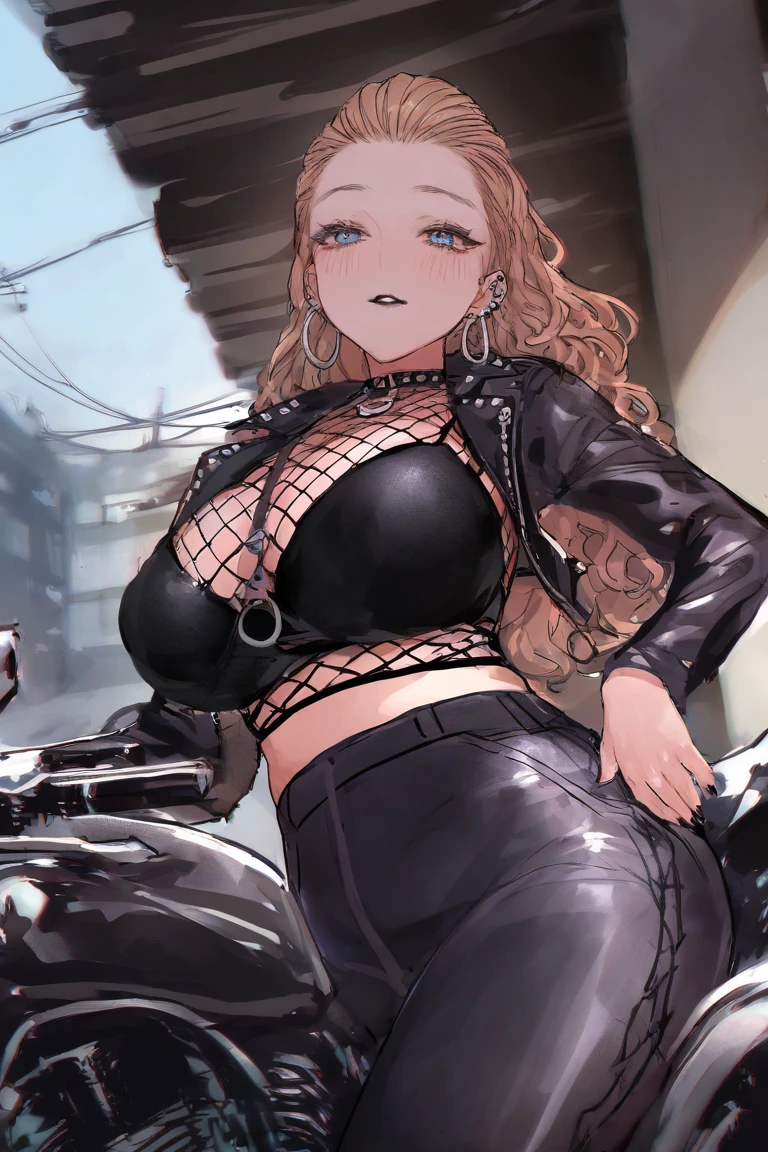 best quality, masterpiece, highres, solo, {siege_arknights:1.15}, animal_ears, lion_ears, long_hair, bangs, breasts, blonde_hair, ponytail, brown_eyes, cleavage, hair_between_eyes, brown_hair, large_breasts, upper_body, lollipop, food, candy, yellow_eyes, 1girl, black_jacket, choker, jacket, jewelry, looking_at_viewer, black_choker, earrings, hoop_earrings, necklace, ring, lion_girl, official_alternate_costume, black_nails, collar, simple_background