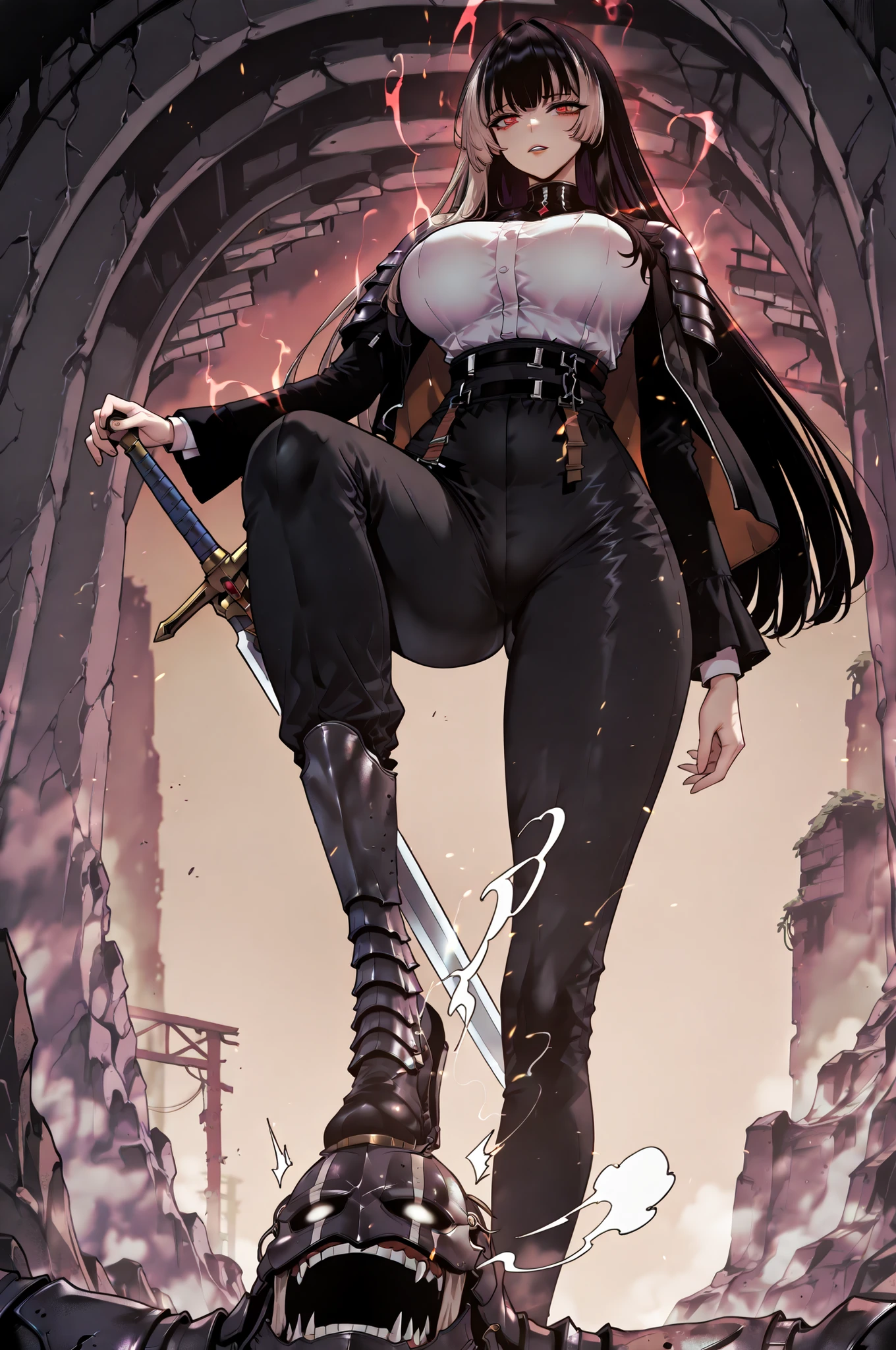 stomp、stompる、soloプレイ、solo、only one person、taken from below、caveの中、Hunter、Ruins、Attach a、black suit、Attach a、sword、Japanese sword、black longsuit、 black long jacket、ゴスロリなshirt、Depressed、Tall Woman、A woman in her thirties、 Alassah's woman、Steins;Gate、 black longsuit 、score_9, score_8_up, score_7_up, Source_anime,masterpiece、No expression、no makeup、top quality,beautifully detailed eyes in a logistics warehouse, Exquisite Eyes、A sophisticated eye、highly detailed eyes and faces on the back,unmotivated expression、lethargic face、 long breasts, Black Jacketを羽織る、Black Jacket、shirt, big saggy breasts, shockingly big breasts, big breasts,big boobs、boobs 、Zitoida, makeup、no makeup、long hair、smooth straight hair、black slacks、tall woman、Tall Woman、plump thighs, parted lips、 shining eyes,(Fire Aura Onkown),dungeon内、Crimson Eyes、long hair、dark haired、黒い髪、long straight hair、dungeon、cave、Ruins、solo、swordを持っている、soloプレイヤー、red aura、 Crimson Aura 、zone、sword、大sword、Japanese sword、Sword、ゴツいsword、厳ついsword、Buster Sword、大Sword、Wide ass、beautiful butt、butt that's stomping on a monster's carcass、long boots、Shoulder Armor、Fearless Laugh、strong、Is confident、suit pants、黒いlong pants、Black Skinny、long pants、Dynamic、Satu、fight、Satu狂、sexual impulses and、bangs、quick bangs、princess cut、モンスターをstompる、low angle、stomp、Black Skinny、モンスターをstomping 、stomping 、stomping する、モンスターの死骸をstompている、Sadist、Extreme sadism