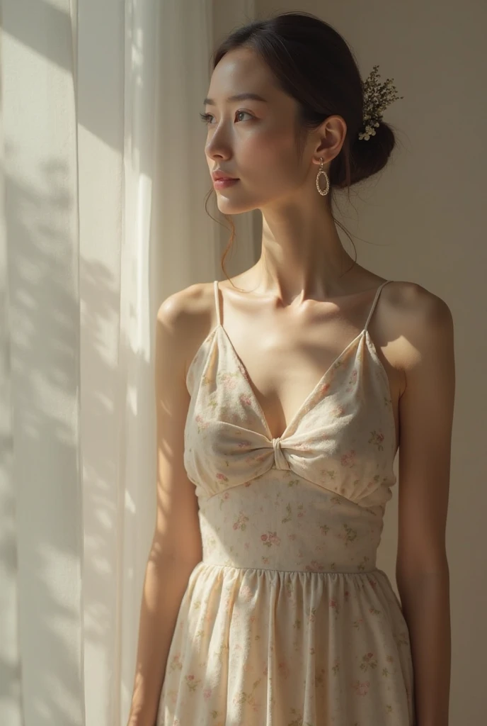 ((best quality)), photorealistic, photorealism, Photorealistic, high resolution, Beautiful, Baby Face, 20 Years Old, White Skin, pale skin, thick body, Large Breasts, seductive pose, (Detailed face), short hair, bun hair, blonde hair, sexy body, (wearing strapless floral bodysuit, sexy bodysuit), cloths color based on pink), revealed thigh, Fingers are occluded, Haven background, fairy from back