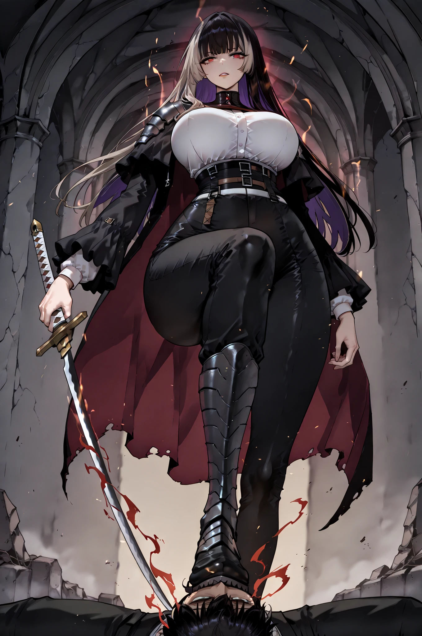stomp、stompる、soloプレイ、solo、only one person、taken from below、caveの中、Hunter、Ruins、Attach a、black suit、Attach a、sword、Japanese sword、black longsuit、 black long jacket、ゴスロリなshirt、Depressed、Tall Woman、A woman in her thirties、 Alassah's woman、Steins;Gate、 black longsuit 、score_9, score_8_up, score_7_up, Source_anime,masterpiece、No expression、no makeup、top quality,beautifully detailed eyes in a logistics warehouse, Exquisite Eyes、A sophisticated eye、highly detailed eyes and faces on the back,unmotivated expression、lethargic face、 long breasts, Black Jacketを羽織る、Black Jacket、shirt, big saggy breasts, shockingly big breasts, big breasts,big boobs、boobs 、Zitoida, makeup、no makeup、long hair、smooth straight hair、black slacks、tall woman、Tall Woman、plump thighs, parted lips、 shining eyes,(Fire Aura Onkown),dungeon内、Crimson Eyes、long hair、dark haired、黒い髪、long straight hair、dungeon、cave、Ruins、solo、swordを持っている、soloプレイヤー、red aura、 Crimson Aura 、zone、sword、大sword、Japanese sword、Sword、ゴツいsword、厳ついsword、Buster Sword、大Sword、Wide ass、beautiful butt、butt that's stomping on a monster's carcass、long boots、Shoulder Armor、Fearless Laugh、strong、Is confident、suit pants、黒いlong pants、Black Skinny、long pants、Dynamic、Satu、fight、Satu狂、sexual impulses and、bangs、quick bangs、princess cut、モンスターをstompる、low angle、stomp、Black Skinny、モンスターをstomping 、stomping 、stomping する、モンスターの死骸をstompている、Sadist、Extreme sadism