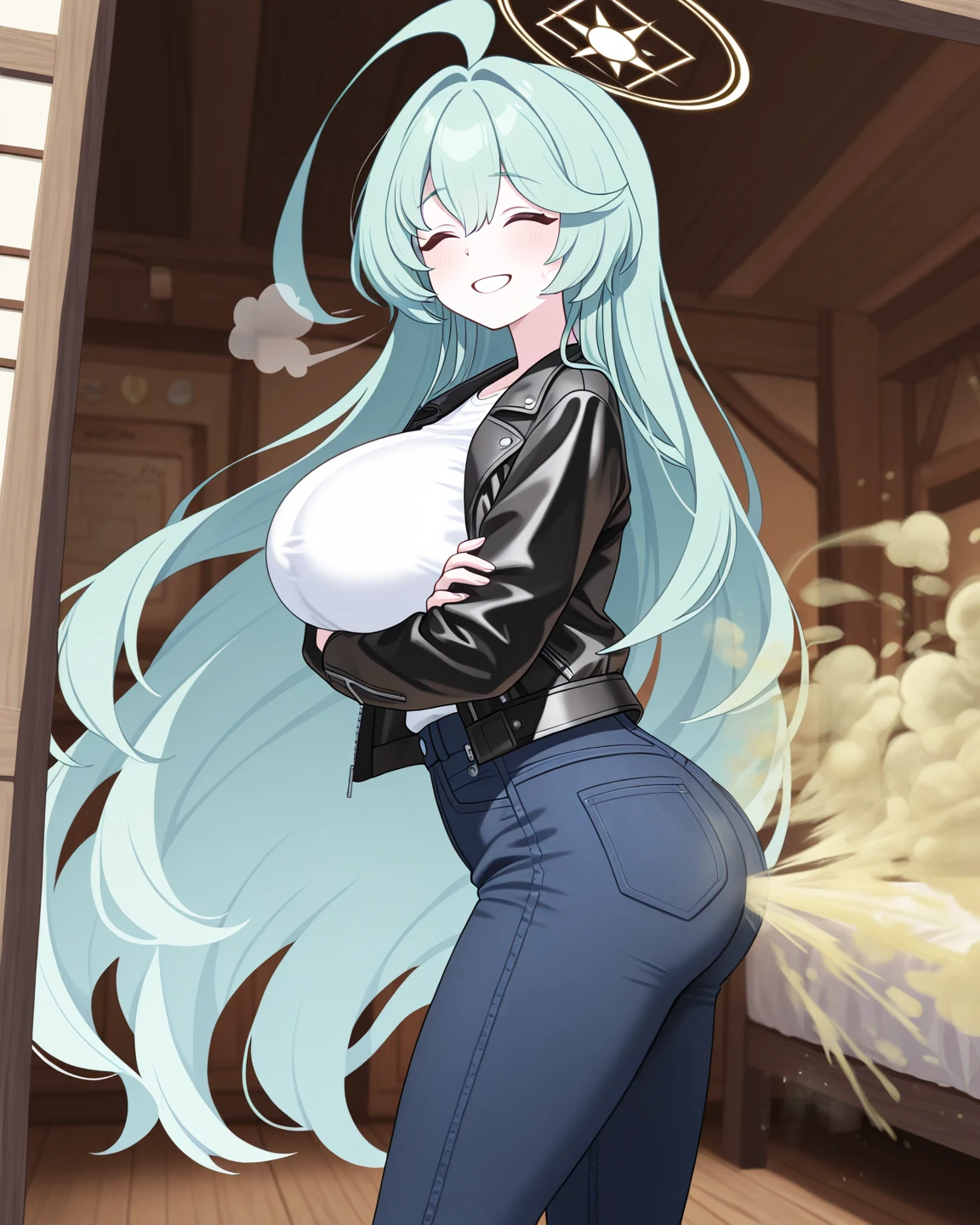kitsune, with green hair, waist sand clock, Big breasts and a heart-shaped ass wearing tight clothes in jeans and a sweater, long hair, lustful look
