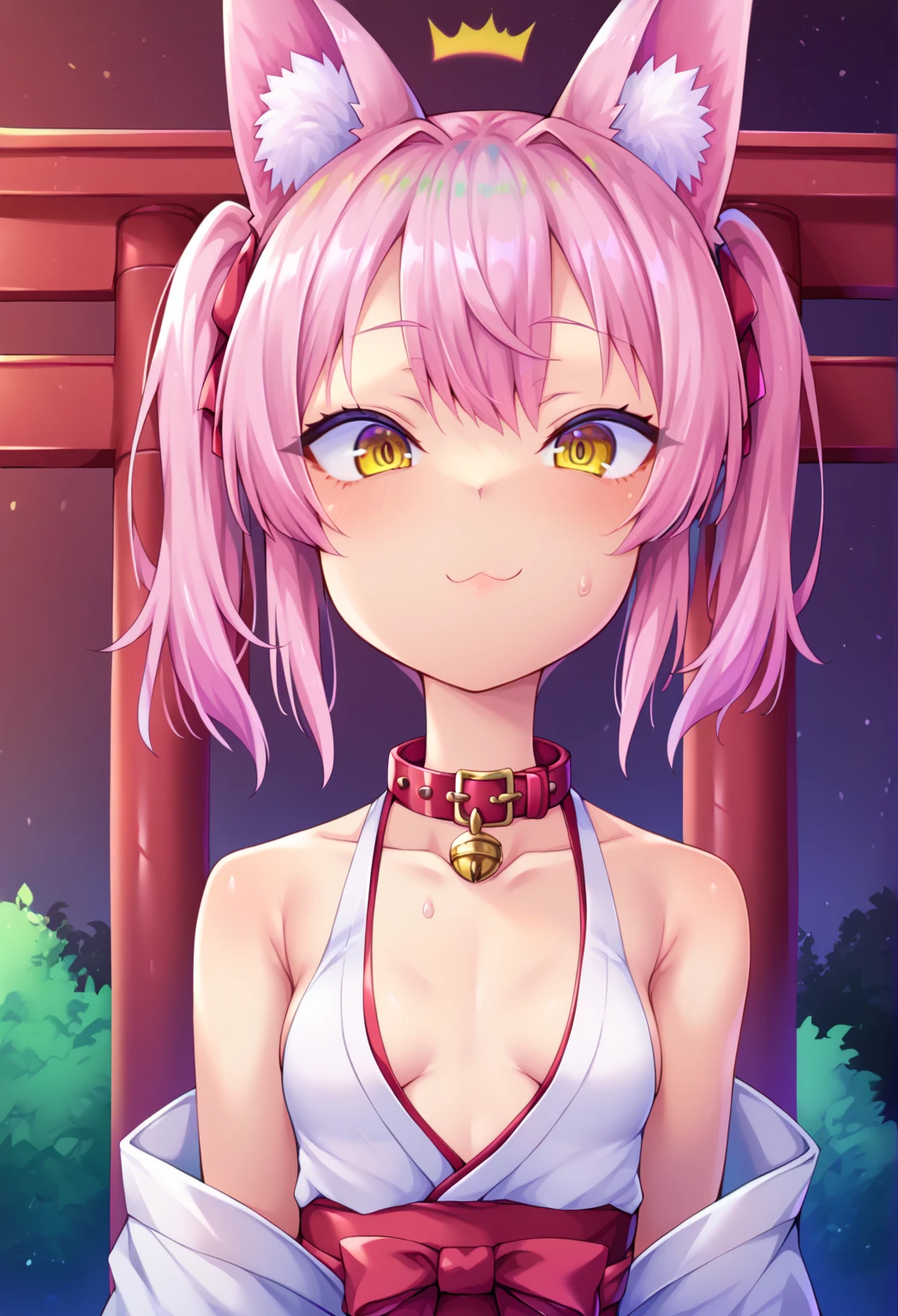 koharu_\(blue_archive\), nsfw, masterpiece, 1 girl, erect nipples, intricately detailed, topless, navel, skirt, bare shoulders, cathedral, outdoors, blue sky, fountain, puffy nipples, extremely detailed, game, flat chests, nipples, bare stomach, sweaty, moist breath, collarbone, sweaty, pink hair, embarrassed, pink eyes, long hair, halo, altar, choker, body line, blushing, soaking wet, head wings, beret