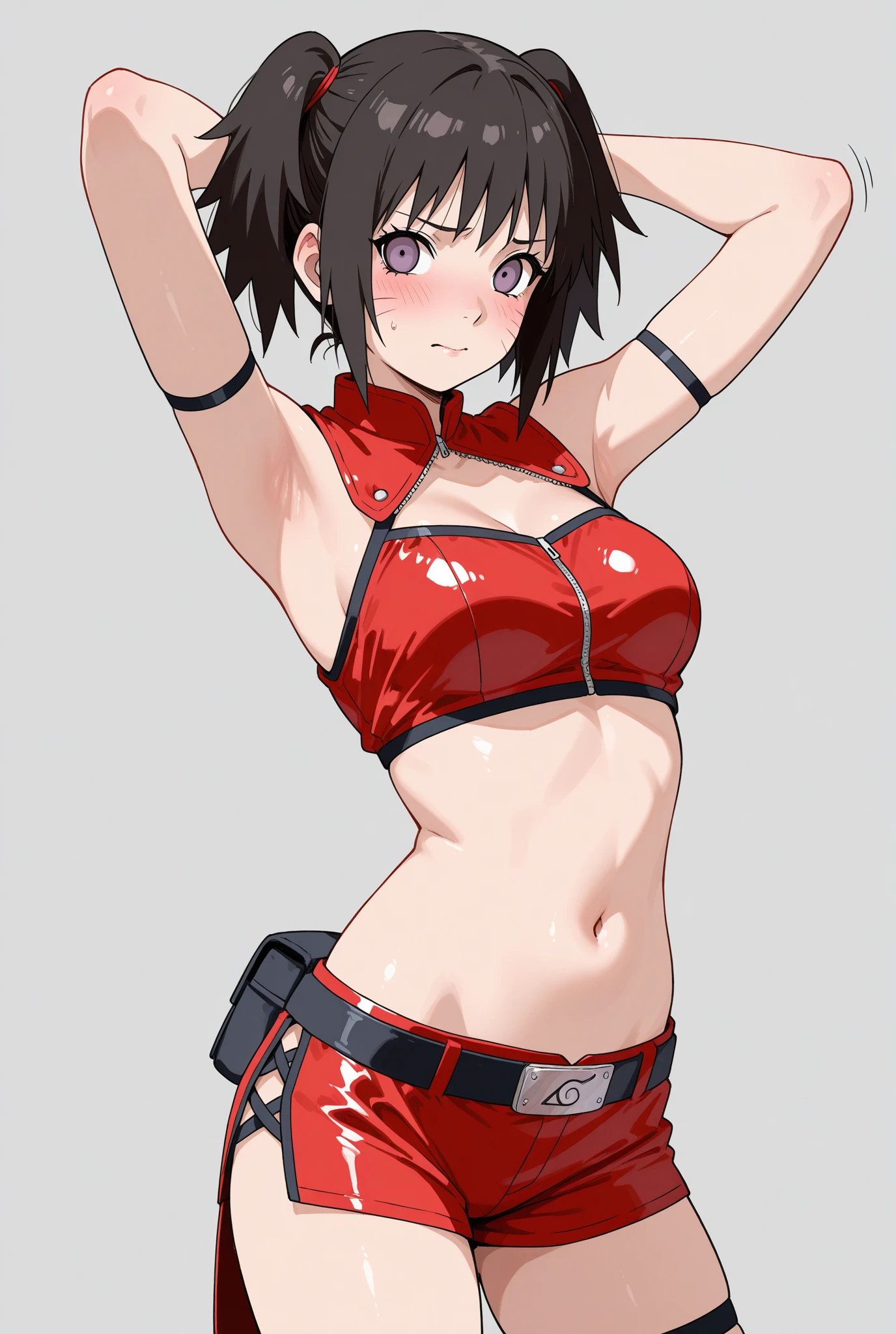(hinata\(boruto\), (high quality:1.8), upper body:1.5, (curvy figure:1.5), (detailed sweat:1.2), (red gloves:1.8), (fingerless gloves:1.8), (short gloves:1.5), (ultra detailed body:1.4), (one ARM UP:1.4), (MMA:1.7), (anime, tall woman, cowboy shot, (defined biceps arms:1.2), ((red thong, bare arms, bare arms, bare shoulders)), (long belly:1.5), (bikini:1.1), (wide shoulders, off-shoulders), smile), ((big breasts:1.0)), closed mouth), ((pale skin)). ((dark blue:1.3, short hair, hime cut، loose hair, floating hair, floating hair:1.0)