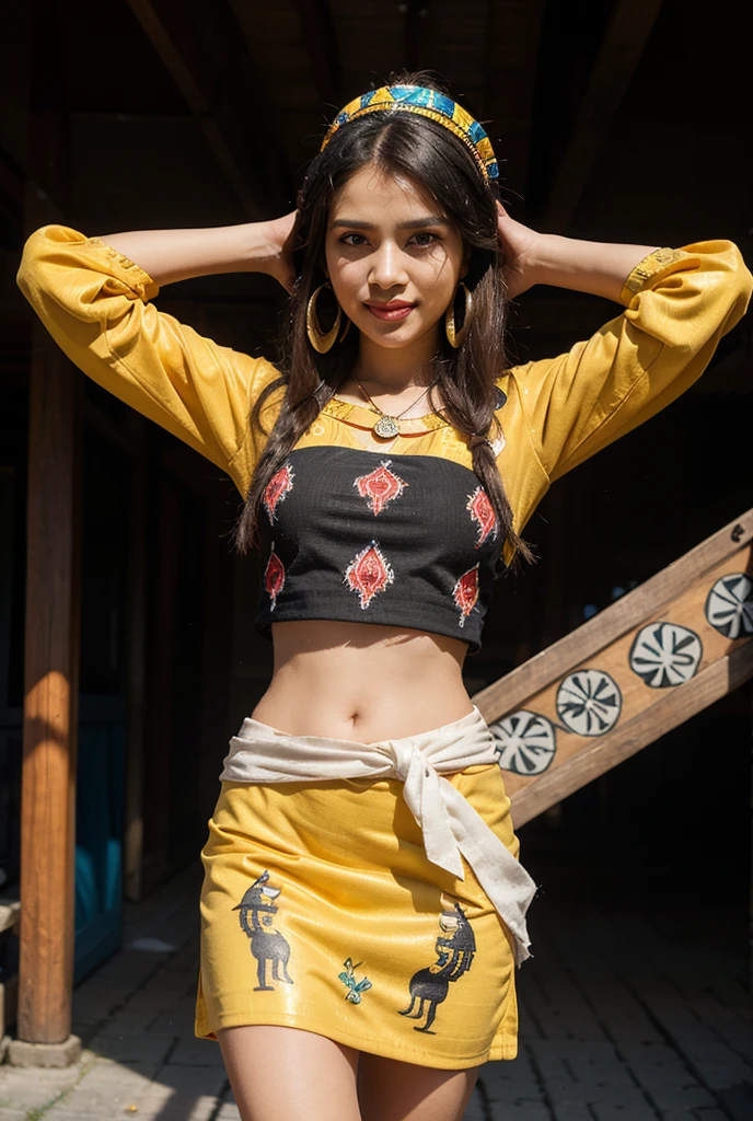 Cute girl, short curly black hair, brown eyes, smile, mole, black Indian costume, white trim, long sleeves, black gloves, big breasts, short pants, palm trees and sunrise in the background, black clothes, Indian costume, white trim, costume Indian, beautiful white embroidery, black clothes, black T-shirt, black clothes