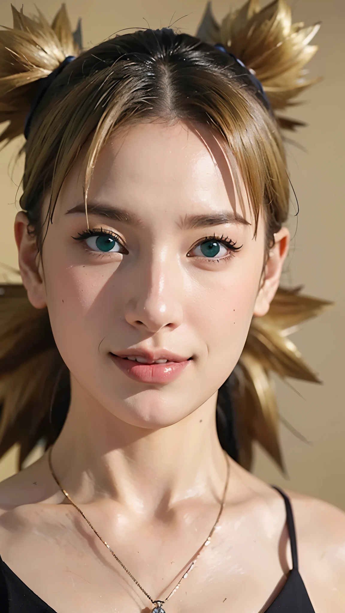 Ultra realistic close-up portrait of Temari from Naruto Shippuden as a real-life woman, beautiful and smiling, sharp green eyes, bright yellow hair styled in her signature four spiky ponytails, wearing her original anime outfit with accurate textures and folds, natural makeup, smooth skin, high-detail facial expression, photo-realistic lighting, ultra HD, 8K, cinematic style, hyper detailed face and hair