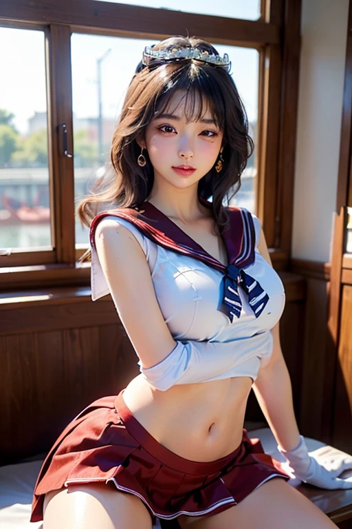 (NSFW:1.5)、Highly detailed CG Unity 8K wallpaper、highest quality、Super detailed、masterpiece、realistic、Photoreal、bright lighting、face light、17 years old、Japanese high school girl、very cute、Big eyes、((droopy eyes))、((Watery eye:1.5))、((ecstasy face))、Very sad look、please open your mouth a little、blush、(brown hair with bangs)、earrings、shiny skin、pure white skin、big and full breasts、((perfect anatomy、perfect limbs、Thin hands、thin fingers、five fingers))、((navy pleated mini skirt:1.5))、(short sleeve white sailor suit:1.3)、(Very short sailor suit)、(Sailor uniform is rolled up、Big breasts are in full view:1.5)、(Sailor uniform is rolled up、Nipples in full view:1.3)、angle from below、((spread your legs wide:1.5))、(raise your legs)、((Beautiful private parts in full view:1.5))、((thin thighs))、((thin legs))、white short socks、((rope bondage)), (shibari:1.6)、 ((Tie your arms straight up:1.4)), ((spread legs and tie:1.5))、((insertion of penis:1.5))、in a hotel bed、
