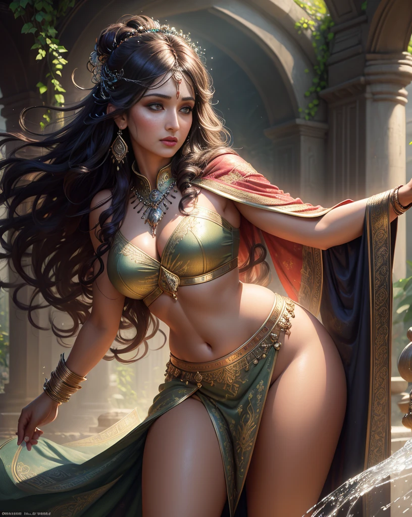 (masterpiece:1.2), (best quality:1.2), perfect eyes, perfect face, perfect lighting, 1girl, mature female dancing in a medieval tavern, (thick hair | styled hair), arms up, smiling, sweat, dancer, silk, harem outfit, mouth veil, jewelry, chains, see-through, thick eyelashes, makeup, eyeshadow, fantasy, detailed background , transparent netted outfit 