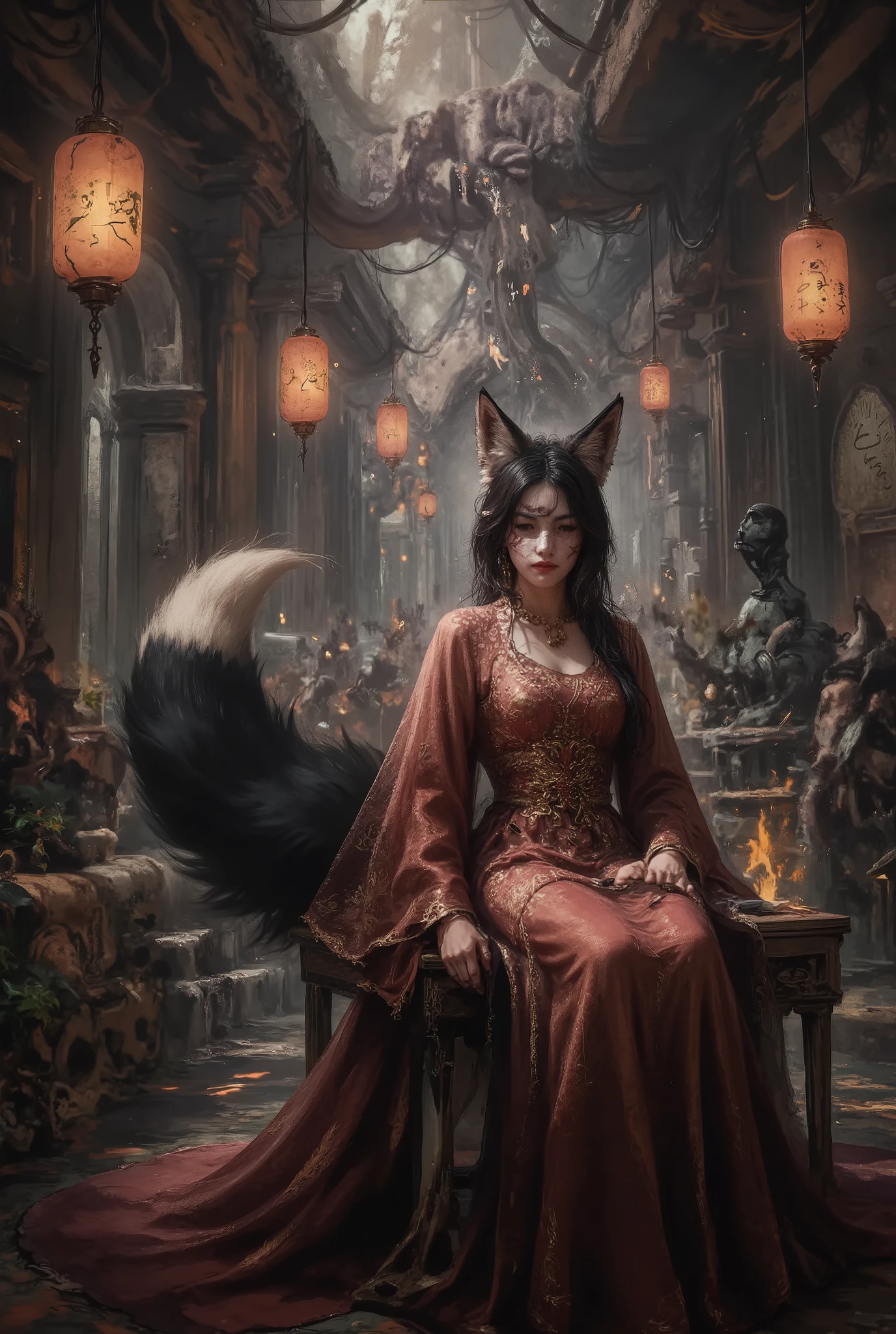 A bright figure sits confidently, in a gorgeous crimson robe, decorated with intricate gold embroidery. This exquisite outfit radiates a sense of royalty and mystery, , contrasting with the dimly lit environment. A character with a long striped tail, dark hair flows smoothly down her back, framing her face , , , although hidden by a, fox-like. a mask, pale with noticeable dark lines, mustache-like, hints at the character's personality — Perhaps, kitsune mask or illusionist. Her hands, in a cloth glove, matching the robe, mask, delicately holds a, and her legs are carelessly placed, , demonstrating balance and controllability. Behind her , warm light glows softly, , scattered by a simple paper lantern, , casting gentle shadows, x} giving an ethereal atmosphere. An environment appears cavernous and spectacular, , enhanced by the muted tones and subtle textures of the walls surrounding it, , evoking a sense of ancient mystery and magical charm.