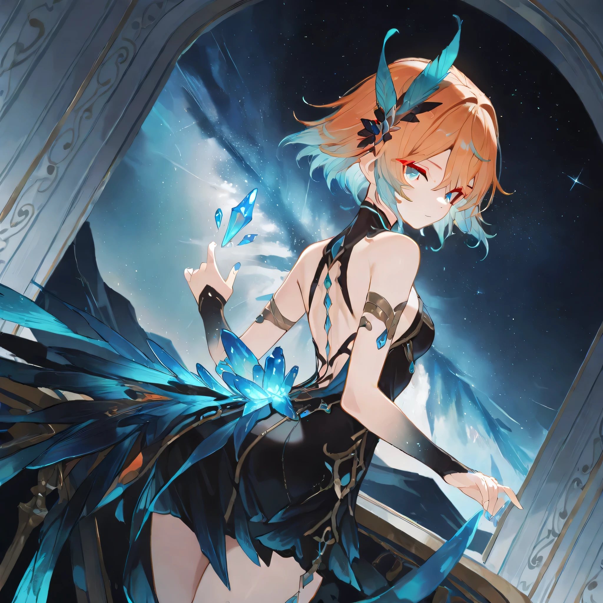 4k resolution, masterpiece，8k ，wallpaper，detailed background，maximum resolution，best quality，HD Image Quality， top quality，Best CG，Best Art，Ultra Precise Art， I pay attention to every detail ，ultra-fine rendering style，beautiful starry sky，Countless meteors pass through the sky，{There is only one female character}，Twenties，noble，sideways，Look Back，Invite you to dance， Beautiful Facial Features ，{{orange short hair }}，（exquisite aqua blue crystal feather hair ornament），（black and white tight dress），（The expression on the face：Playful，Confident and elegant），{ her left eye is blue ， Right eye is red }，{{fuchsia eyeshadow}}