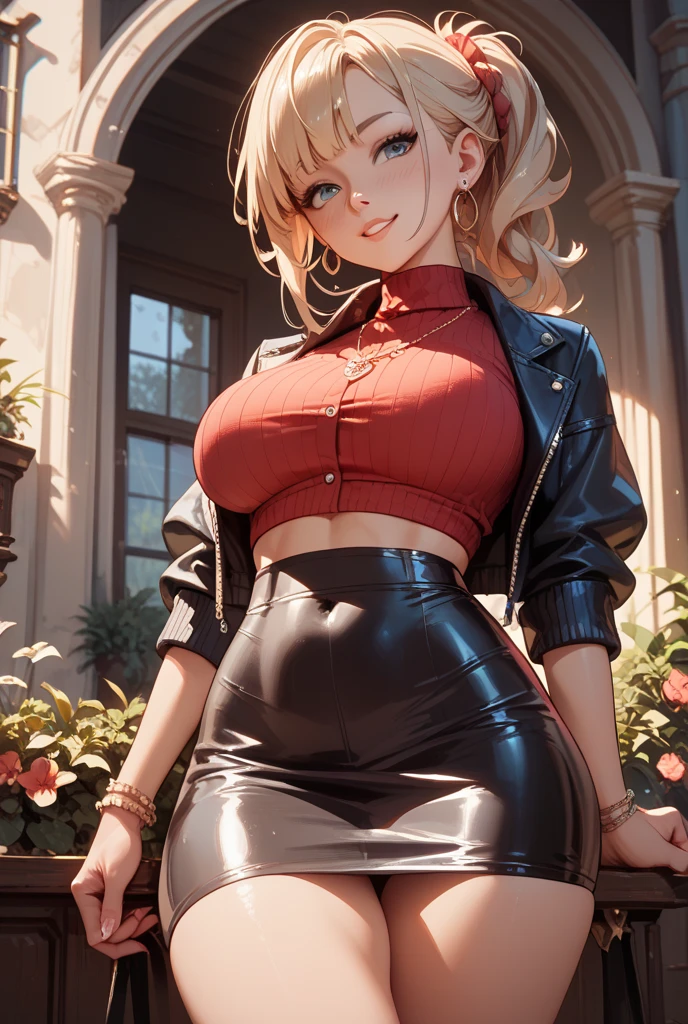 (best quality, highres:1.2), masterpiece, 1 girl, white hair, beautiful detailed eyes, beautiful detailed parted lips, extremely detailed eyes and face, long eyelashes, medium oil painting, vivid colors, ultra-fine painting, sharp focus, physically-based rendering, extreme detail description, portraits, (curvy slim body:1.35), Firm and well-shaped perfect big breasts, showing armpit, facing viewer, gorgeous, arms up, half body picture, appearing in full frame, (pink sleeveless turtleneck:1.5), glasses, crop top, (white mini slit skirt:1.5), dark black pantyhose, blush, night, flowers, moonlight