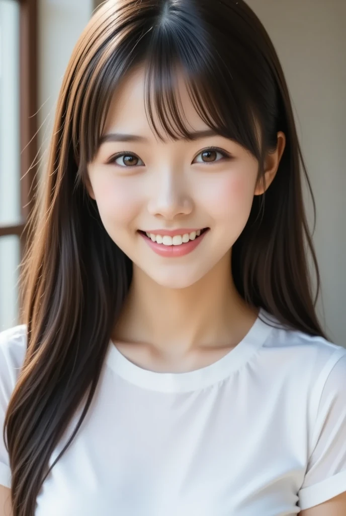 masterpiece,best quality,(Japanese ),((Beautiful girl)),cleavage,indoor,(perfect body beauty:1.2),(shy smile),beautiful teeth,