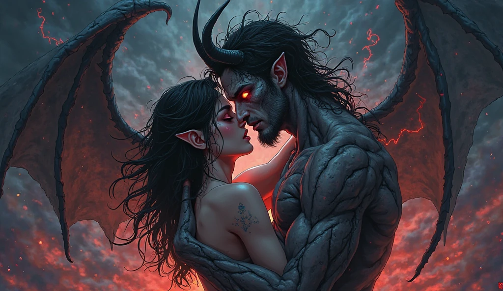 The sexy and girl loves the giant demon (art inspired in Bill Sienkiewicz). oil painting) (best quality,4k,8k,highres,masterpiece:1.2),ultra-detailed,(realistic,photorealistic,photo-realistic:1.37),intricate details,vivid colors,sharp focus,professional,Dave McKean artwork, oil touch of surrealism,oil painting style