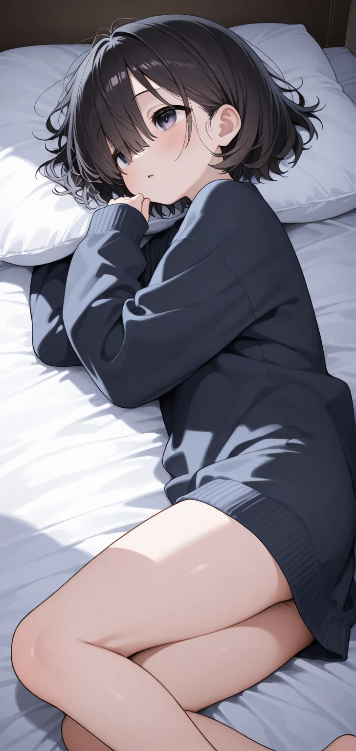 sitting in a bedroom, wearing a white long sleeve shirt and light blue underwear, viewed from the side,