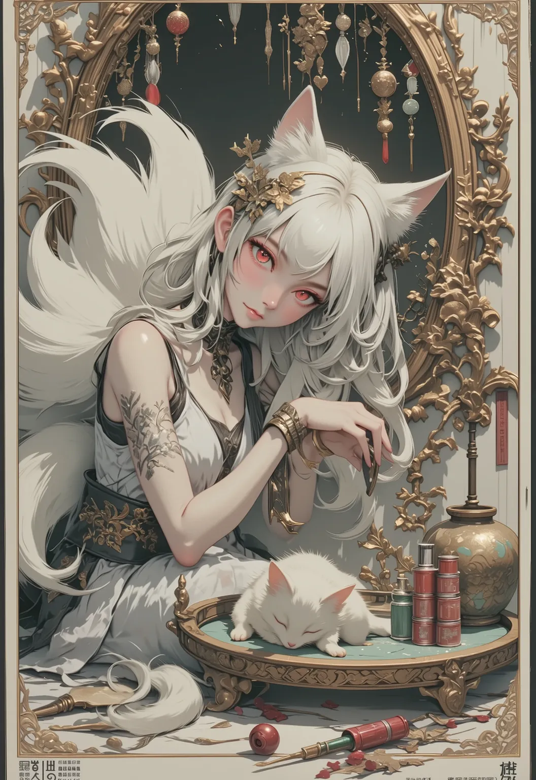 (((tarot card))) White skin, (Fox ears), looking at viewer, doe eyes, Exquisite eyes,Red Eyeshadow, Red lips,cute laugh, Ukiyo-e, masterpiece, high quality, at the lowest limit, Tiny,White boots,Huge breasts,Bare shoulders,,Lace,Lace stockings,Lace skirt