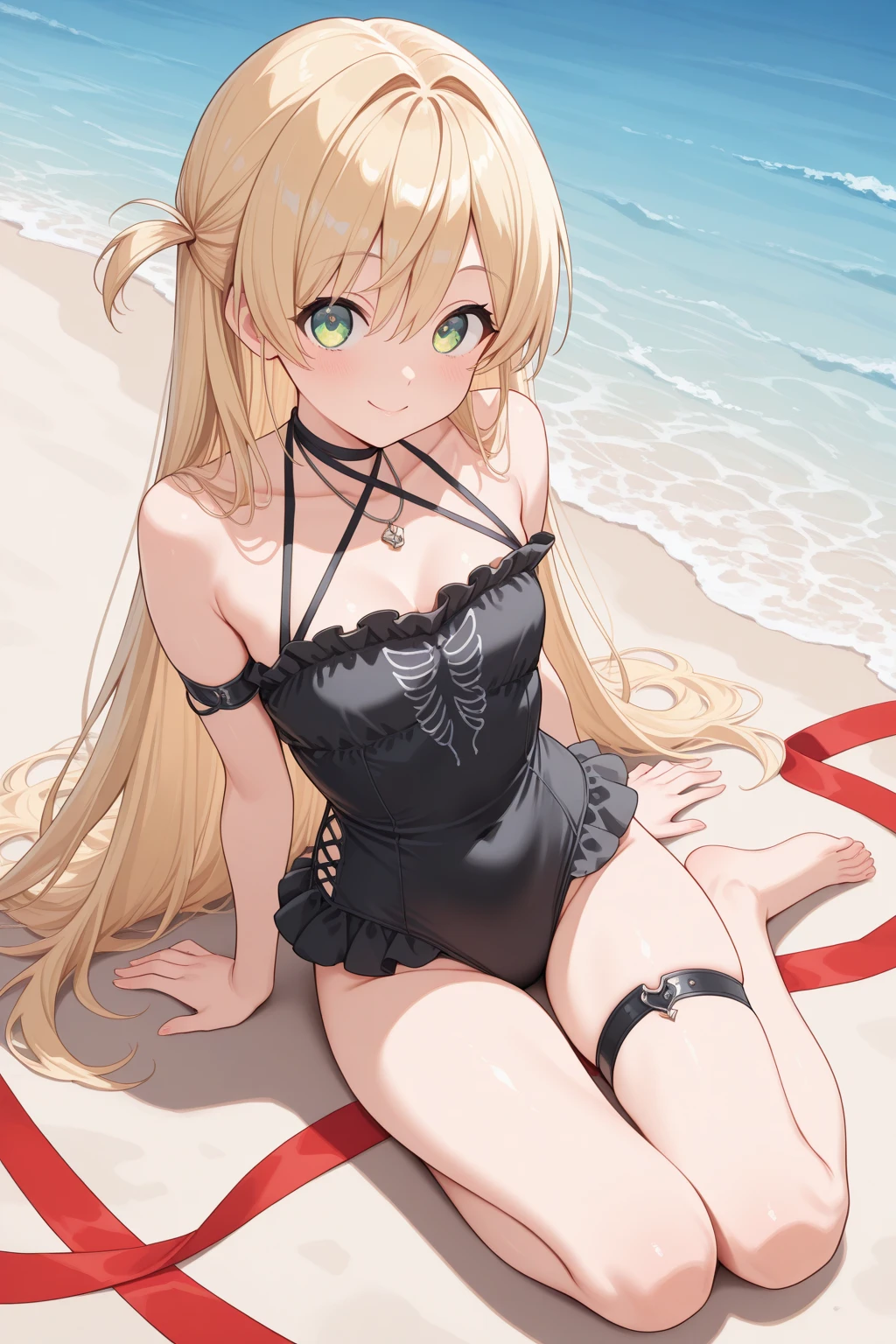 ((2D beautiful girl、top-quality、Perfect Finger 1.3、Perfect Anatomy 1.3、extremely delicate and beautiful illustration))、(Blur the background：1.2、cute petit girl、(transform sequence)、((Swimsuit with ruffles))、14years、Slender beautiful girl、Fractal Art、baby-face、((stright long hair))、Beautiful big drooping eyes：1.1、red blush、tension、(Full body depiction)、（1 persons）、quiet sandy beach、is standing、pretty headband、