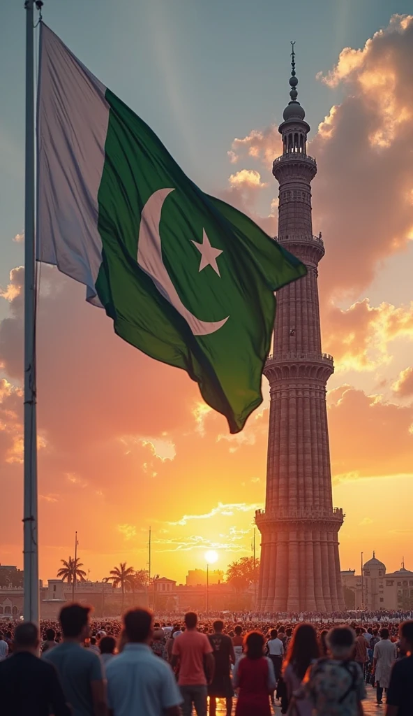 The black and white striped flag of Pakistan is flying on Minar Pakistan