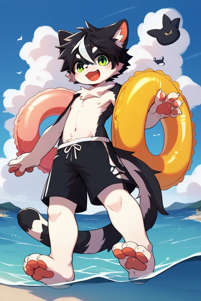 score_9,score_8_up,score_7_up, source_cartoon, source_furry, Furry shota, wolf, black hair, long spiky ponytail, blue eyes, detailed body fur, ((goggles, blue hawaiian shirt, open clothes, one shoulder off, black swim trunks)), torn clothes, looking at another, fangs, clear grey body fur, detailed face, big eyebrows, detailed eyes, detailed body, detailed body fur, detailed hands, glistering body, shiny body, skinny, uperbody, aeghao, tongue out, saliva, breath, glowing blue eyes, from above, motion blur, beach, clear sky, ((tentacles, tentacles unclothing her, tentacles grabb, surrounded by tentacles, tentacles grabb all whole body)), sweat, low angle, tentacle oral sex,