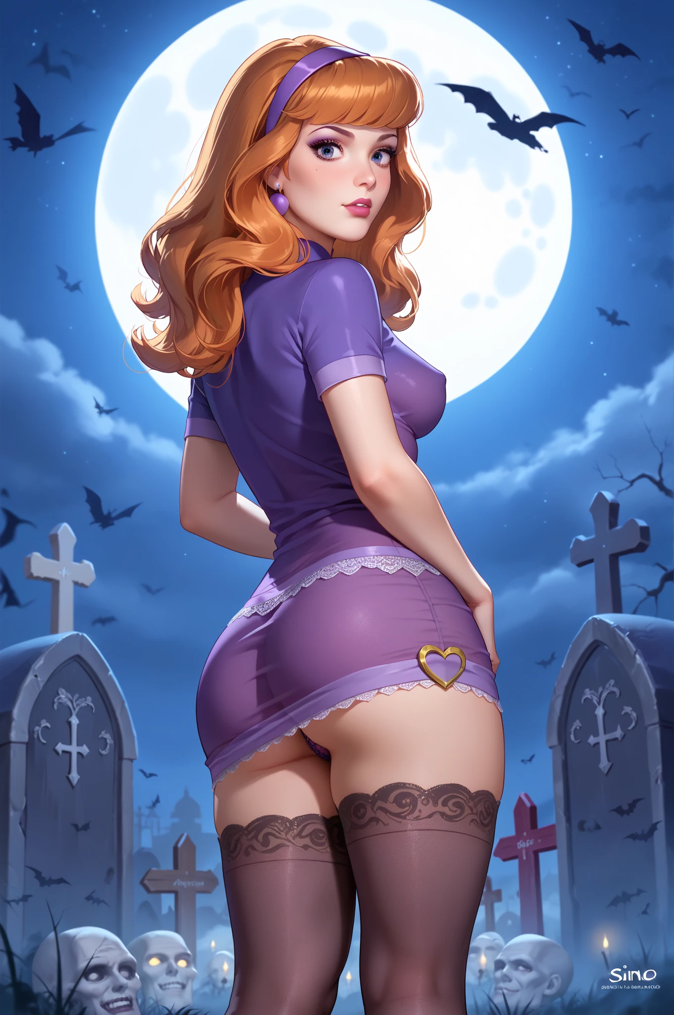 Harley Quinn, completely naked, nude, small breast, tight bust, slim athletic body, vagina, labia, round ass, cemetary in background, night sky, full moon, helloween theme, candles in background, cartoon art style 