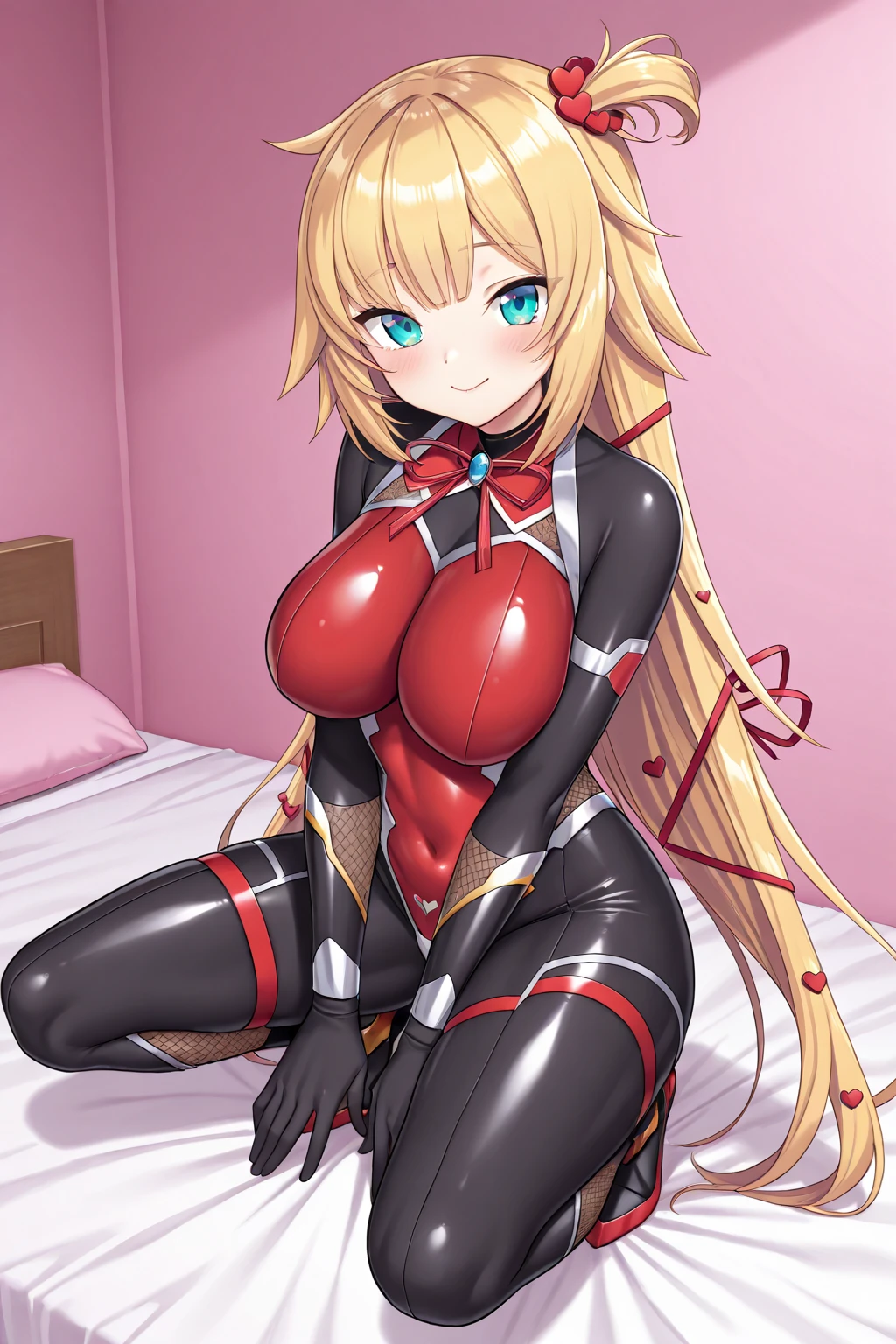 1girl,solo,claire harvey,blue eyes,(pilotsuit),(red pilotsuit),bare shoulders,blonde hair, twin drills,bed, blush, large breasts,erect nipples,upper body,smile,blush,(cameltoe),(contrapposto,Model pose),masterpiece,Noise Reduction,perfect anatomy,high resolution, ultra-detailed, ultra-detailed face,game cg,dutch angle ,beautiful detailed eyes,visualart,five fingers, perfect hands, perfect lighting, sparkling pupils