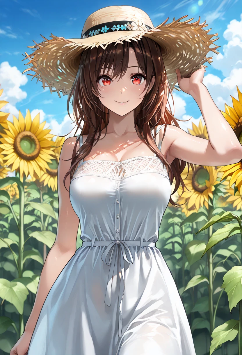 ((Highest quality)), ((High resolution)), ((masterpiece)), (detailed), (photograph), 
View your audience, Cowboy Shot, Written boundary depth, Anatomically correct, Mature Woman, Perfect Face, Cute and symmetrical face, Shiny skin, 
(Long Hair, Light brown hair), Hair between the eyes, Green Eyes, Long eyelashes, (Big Breasts:0.8), 
Beautiful Hair, Beautiful Face, Beautiful details, Beautiful clavicle, Beautiful body, Beautiful breasts, Beautiful thighs, Beautiful feet,
(White Dress, Straw hat), 
(Beautiful views), Sun shower, Sunflower field, line, lineを歩く, Look back here, (Cute Smile), 