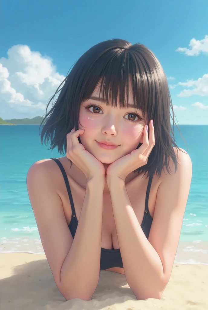 8K wallpapers combining high resolution CG、High quality 8K CG wallpaper masterpiece、Highest quality、High resolution、Very detailed、Ultra Sharp、Cinema Lighting、Anatomically correct、One Girl 、(Detailed face、Young Face)、(Brown Hair、Super Short Hair:1.4)、Red cheeks、(Flat Chest:1.4)、(Skinny body:1.3)、(smile:1.5)、(White small bra:1.5)、(The girl is 9 years old:1.5)、happiness、(Upper body close-up:1.5)、(Light of the sun)、(buzzer、Ocean)、White sand beach、walk、Small breasts、He is short、White skin、cute、Mole on face、ASİAN、Japanese