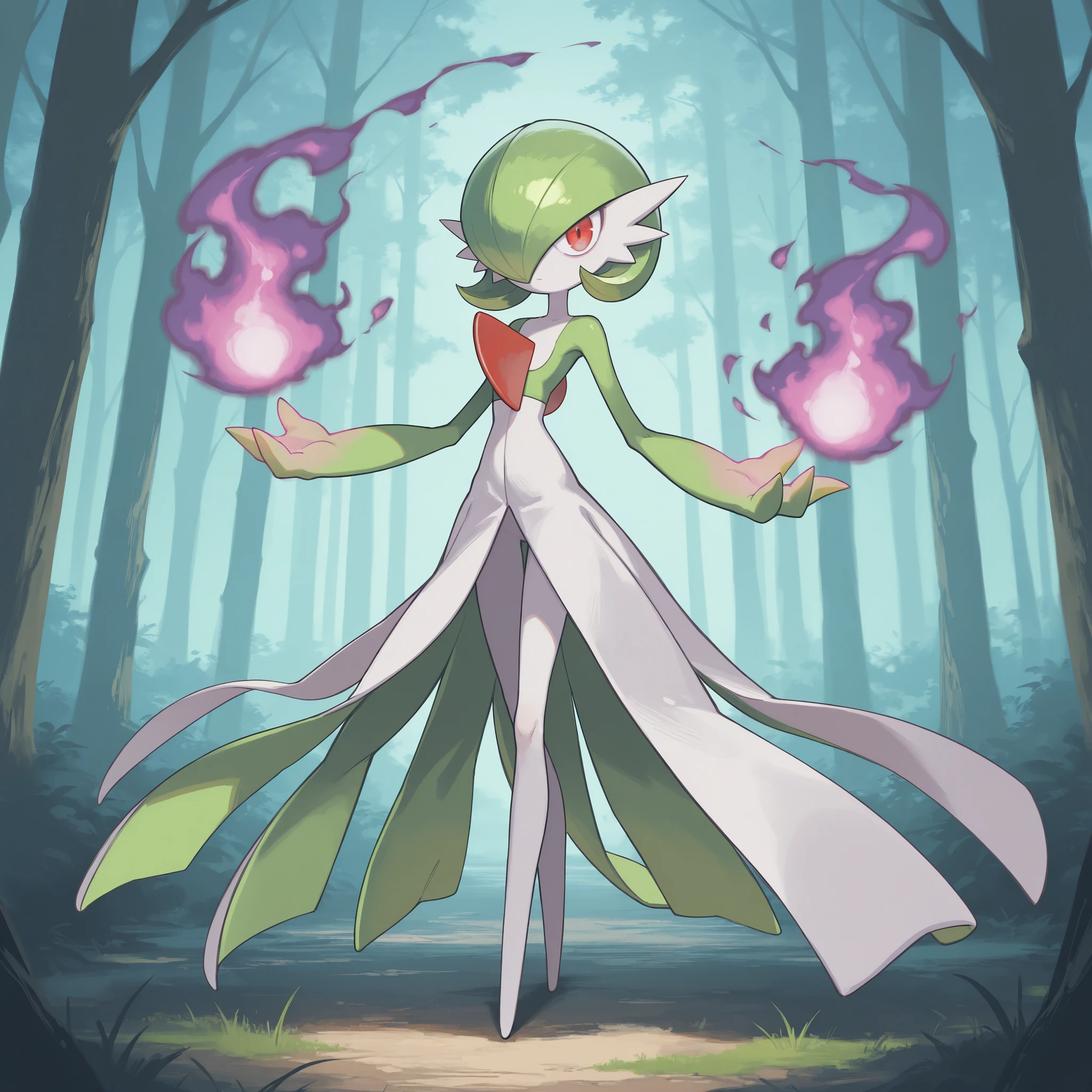 masterpiece, ultra-HD, impressionism, high detail, best quality, very aesthetic, 8k, best quality, beautiful, Gardevoir, 1girl, solo, white skin, green hair, short hair, red eyes, white dress, pokemon (creature), green sleeves, slim, serious, cute, extending her hand to the viewer, glowing purple aura, psychic aura, holding purple flames, standing, full body, looking at the viewer, forest background, front view 