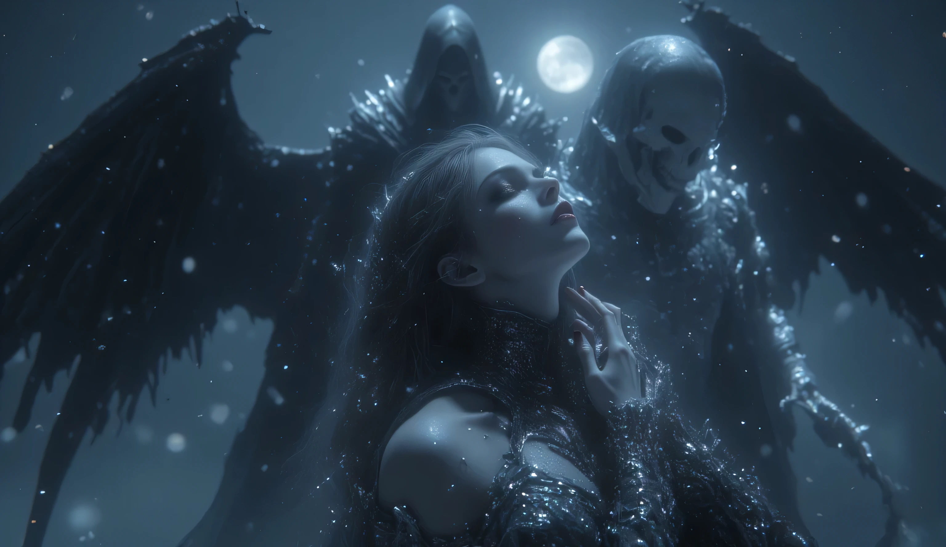 An 8K cinematic masterpiece: intimate upper body portrait of a vampire queen in euphoric passion, with a massive, ominous Angel of Death looming in the distant background. The queen's shoulders bare, hands sensually caressing her neck, while far behind her, the dark angel's wings spread across the night sky, creating a haunting silhouette through the gentle snowfall.
FOREGROUND VAMPIRE QUEEN:
- Intimate positioning:
* Shoulders bare and lifted
* Neck elegantly exposed
* Head turned 45 degrees
* Hands gracefully touching neck
* Perfect profile angle
* Sensual expression
* Sharp focus detail
* Supreme clarity
BACKGROUND ANGEL OF DEATH:
- Distant presence:
* Enormous wingspan spread wide
* Dark silhouette against sky
* Hooded figure barely visible
* Ethereal black mist trailing
* Scythe glinting in moonlight
* Atmospheric depth blur
* Perfect scale contrast
* Imposing yet distant
DEPTH LAYERING:
- Spatial composition:
* Sharp foreground focus
* Atmospheric middle ground
* Distant angel silhouette
* Perfect depth separation
* Snow particle layers
* Light depth management
* Volume fog effects
* Professional spacing
LIGHTING DYNAMICS:
- Complex illumination:
* Soft front lighting on queen
* Rim light on shoulders
* Backlighting on angel
* Moonlight through wings
* Snow crystal sparkles
* Shadow depth
* Atmospheric glow
* Supreme contrast
MOOD ENHANCEMENT:
- Dark atmosphere:
* Gothic romance
* Looming death
* Supernatural tension
* Ethereal beauty
* Perfect drama
* Enhanced mystery
* Sensual energy
* Supreme emotion
SNOW EFFECTS:
- Layered depth:
* Foreground crystal detail
* Mid-ground drift
* Background snow blur
* Perfect particle system
* Light refraction
* Depth indicators
* Environmental harmony
* Atmospheric perspective
TECHNICAL EXCELLENCE:
- Premium quality:
* 8K resolution
* Perfect focus control
* Depth management
* Cinema-grade rendering
* Maximum detail
* Professional lighting
* Color grading
* Photorealistic excellence
COMPOSITION:
- Perfect balance:
* Intimate foreground
* Dramatic background
* Rule of thirds
* Leading lines
* Scale contrast
* Depth layers
* Scene harmony
* Professional arrangement
Cinematic masterpiece, dark romance, supreme quality, perfect execution, maximum drama, photorealistic excellence