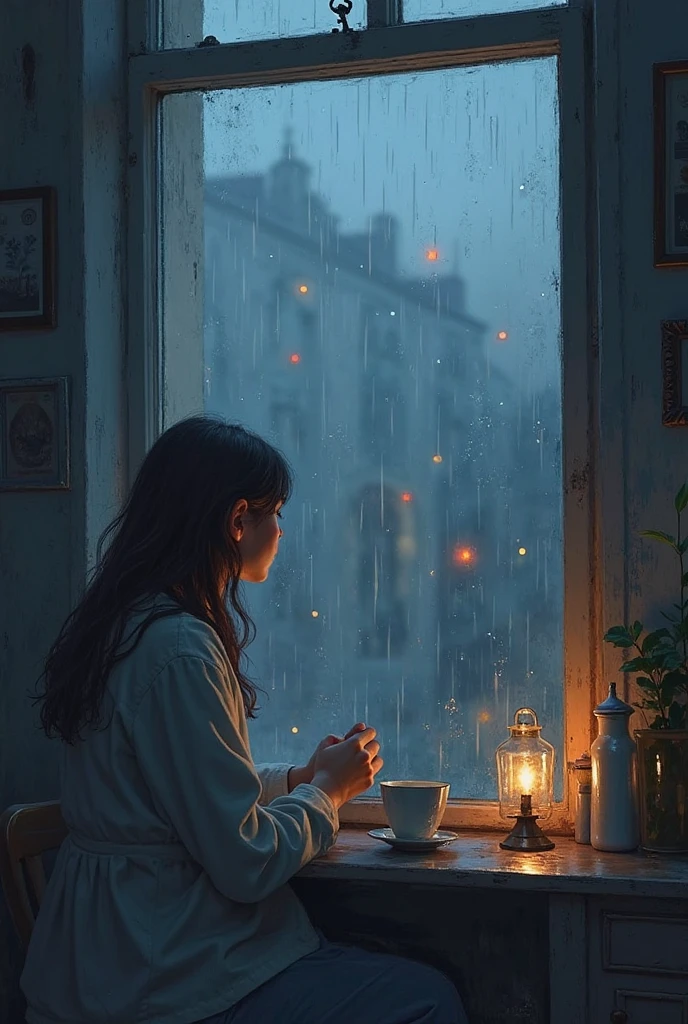 "Imagine a young woman sitting by the window, having a hot coffee on a cold and rainy day. The light is dim, coming only from candles burned at a nearby table. The young woman is dressed in comfortable clothes, but her face is gloomy and thoughtful. She is looking out the window, at the rain that falls heavily on the city. Describe the feeling of isolation and helplessness that surrounds the young woman, who is sitting alone in a cold and dark house, thinking about life and her future."