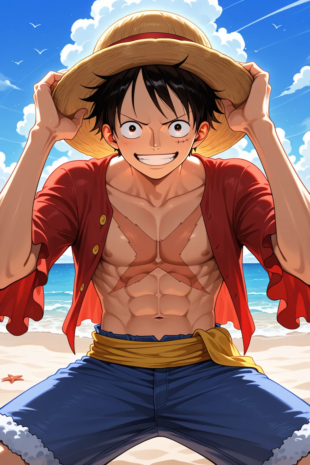 monkey d. luffy, 1boy, male focus, solo, black hair, hat, scar, straw hat, abs, topless male, clenched hands, scar on chest, pectorals, muscular, looking at viewer, parody, ((medium quality)), ((medium quality))