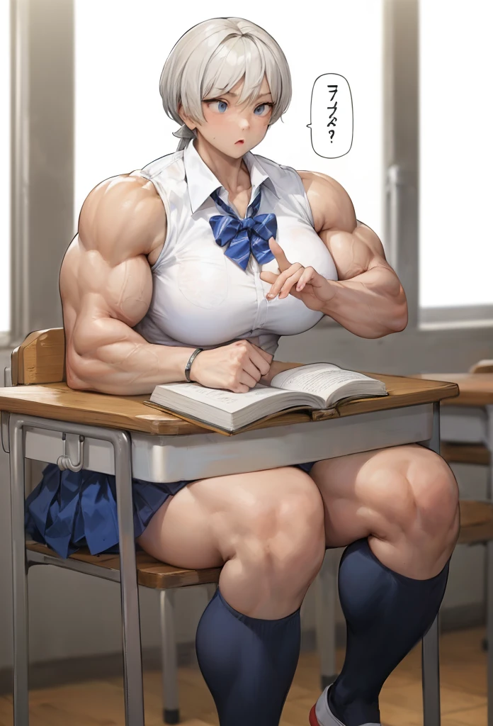  girl,,muscular female,,school uniform,socking, alternate muscle size, (biceps),muscular thighs,best quality,desk,sitting