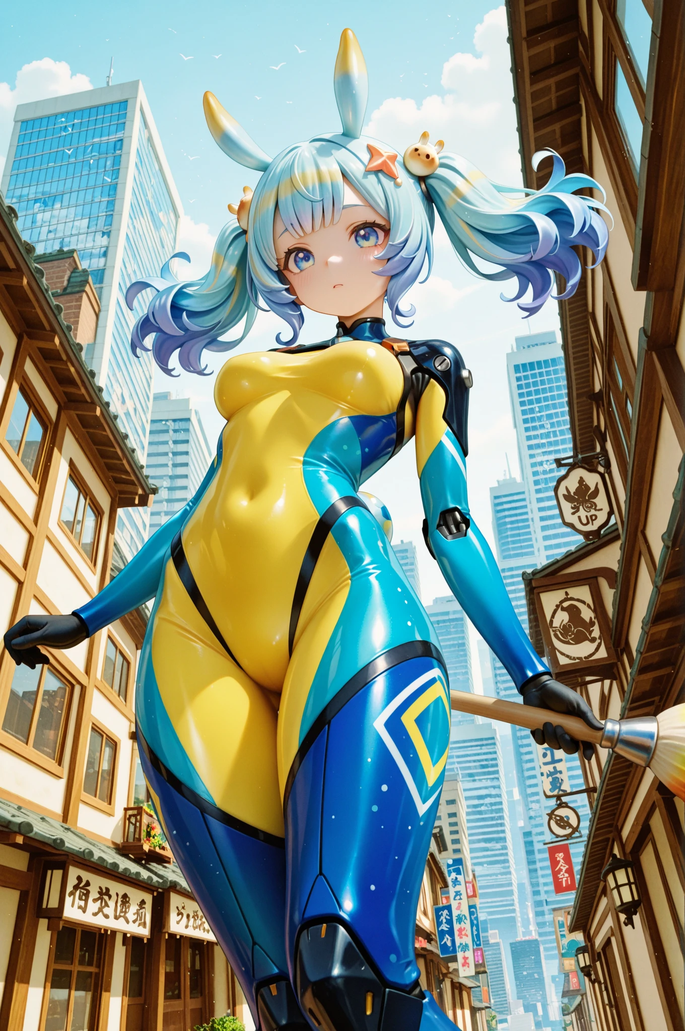 a beautiful elf woman, light blonde hair in a ponytail, beautiful blue eyes, busty dominatrix wearing a thick diaper, wearing inflatable clothing, inflated, cushy, smiling, comfy, mischievous smile, seductive
