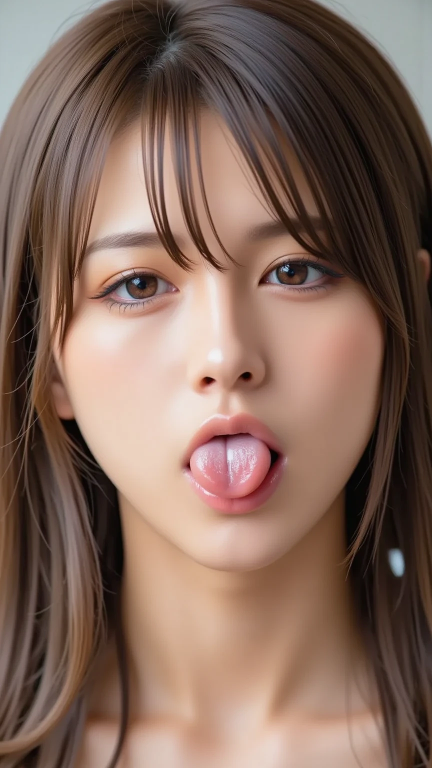 超High resolution, Textured skin, Attention to detail((highest quality)),(超A high resolution),(Very detailed),(Detailed Description),((The best CG)),(masterpiece),Very detailedなアート、(highest quality、8k、32k、masterpiece)、(Realistic)、(Realistic:1.2)、(High resolution)、Very detailed, (Close-up face:1.6), Very beautiful face and eyes, Big eyes, 1 female、Tight waist、Delicate body、(highest quality、Attention to detail、Rich skin detail)、(highest quality、8k、Oil paints:1.2)、Very detailed、(Realistic、Realistic:1.37)、Bright colors、(Casual Fashion:1.3)Glare, Frowning, jitome, Frowning, Ahegao,(Long Tongue, Verbal invitation), Textured skin,Beautiful Japanese Women,((Shortcuts)),