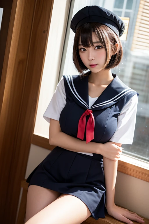 (8K、RAW Photos、top-quality、​masterpiece:1.2)、(realisitic、Photorealsitic:1.37)、女の子1人、japanes、18year old、femele、‎Classroom、natta、profetional lighting、Photon mapping、torn、Colossal tits、The tips of the knitted, which are pure white and very small in size, stick out、areola protruding、The shape of the pubic area is clearly visible、gals、Lots of lashes、Lame on the eyelids、Pitch black lip、Pitch black heels、pubick hair、the lower abdomen bristles、A slender、crotch open、My are big and are about to spill out of my bra、Very much pubic hair、pubic hair is very protruding、((See-through sailor suit、Short pleated skirt,I don't wear a hat.))、maroon short hair