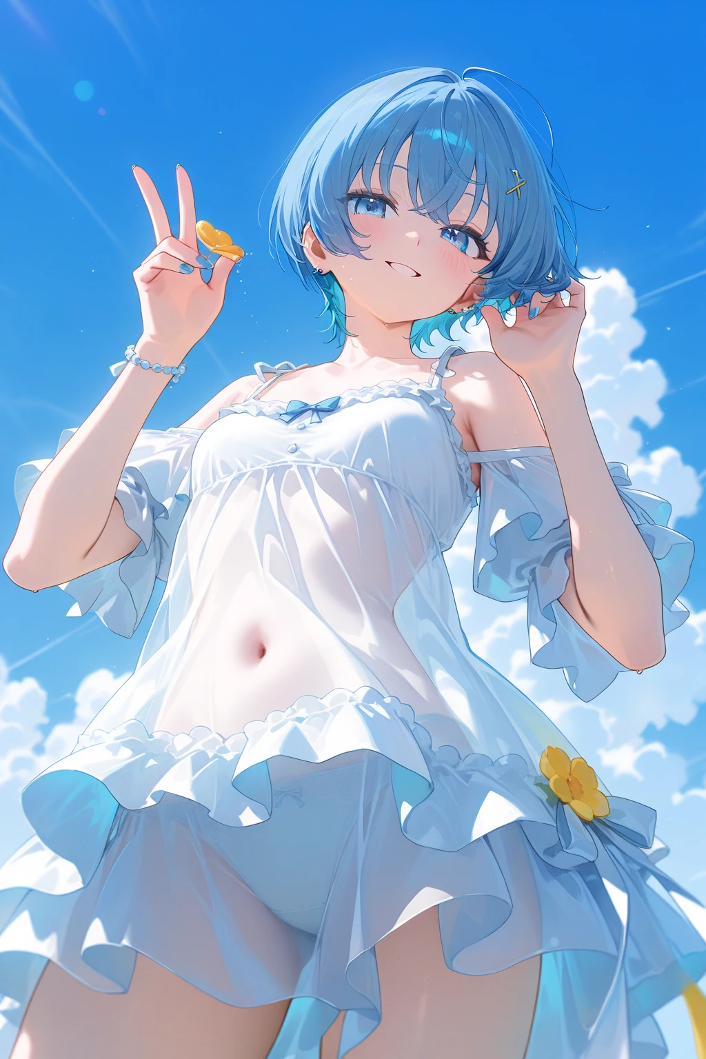 One girl,Rem(Re-zero),green_eye,green_hair,green_null,blush,cloud,Day,dress,Field,flower,flower_Field,from_~ side,hair_between_eye,hair_flower,hair_ornament,hin,hin_flower,hin_ribbon,lens_Flare,Looking_in_Audience,Open_mouth,Outdoor,pink_flower,Plaid,Plaid_ribbon,ribbon,short_dress,short_hair,shoulder_blade,skirt_all,null,No sleeve,No sleeve_dress,一人in,Are standing,strap_gap,straw,太陽flower,太陽flower_Field,yellow_flower,yellow_hin,masterpiece,Fully nude,With nipples,Pussy in full view