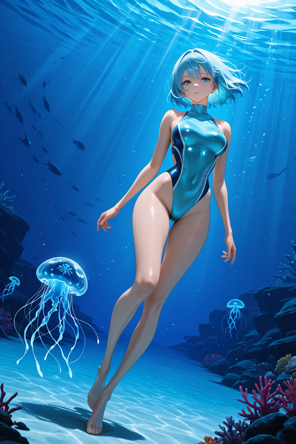 A sexy 13-yr Australian girl is wearing transparent    frog head hat sexy full body details figure, wearing transparent one piece Bikini lifting up plump pussy , wavy blonde short braided hairstyles from the flow water, (( wearing a frog gloves hand)) (accurate details of hands & fingers)) hard errect nipples, open legs squat position,exposed pussy line, exposed panties, exposed pussyline, smiling with teeth exposed. Sparkling gray eyes, charms, face details & fucos skin texture colored green, swimming under the ocean showing corals, urchins, fish, turtle, whale, bubbles of air for accurate background masterpiece ((with full slime green frog skin textures all over her body)) (( fish gills & fins )) swimming with ocean current waves under the sea