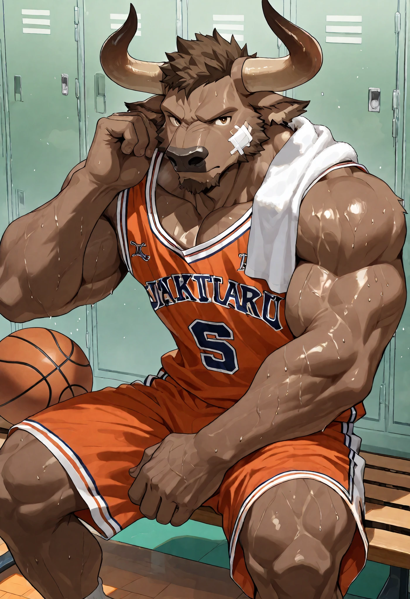 Athlete body, commission for high res, anthropomorphic, there is a brown minotaur, minotaur horns, bandage on cheek, basketball player, basketball outfit, sitting on the bench at locker room, towel on shoulder, sweaty, view from beside, looking at viewer, cool stance