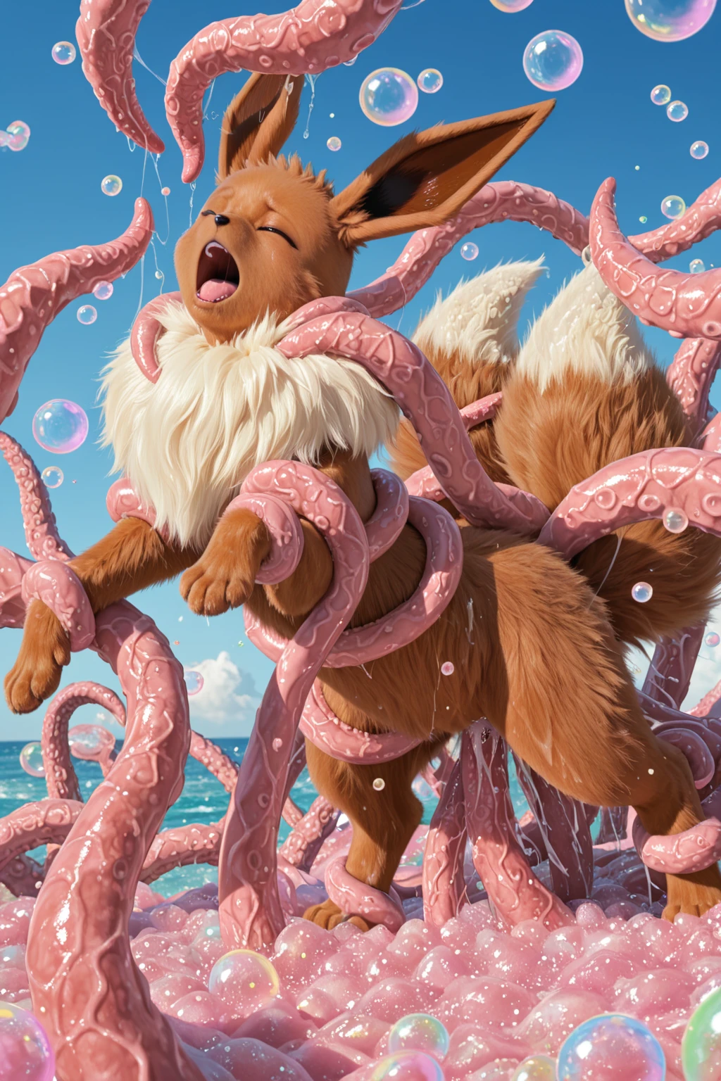 front page, high resolution, Superior quality, Best Quality, paid reward available, incomparable masterpiece, perfect work of art, absurdities, High quality illustrations, absurdities, perfect anatomy(good 1 guy, kemono, Muscle man)(furry, furry anthro:1.7)(furry body, Animal facial features, Characteristics of the animal body)(highly detailed body fur)SMILE, portrait, cinematic lighting,　Full nude big penis NSFW, (high resolution, Best Quality, Masterpiece, high detailed), ((image of the King of Tekken, rey_Tekken7)), wrestling suit, muscular male, muscular, (big penis, big penis:1.2), ((((sweaty)))), ((angry)), ((blush)), (Tentacle bondage, Tentacle BDSM, Tentacle:1.7) tentacles, tied, happy, (tied wrists by tentacles, tied torso by tentacles, during), Lying on the front, Thick   semen　Expression of enduring pain, clenching teeth　Orgy, lots of sperm
