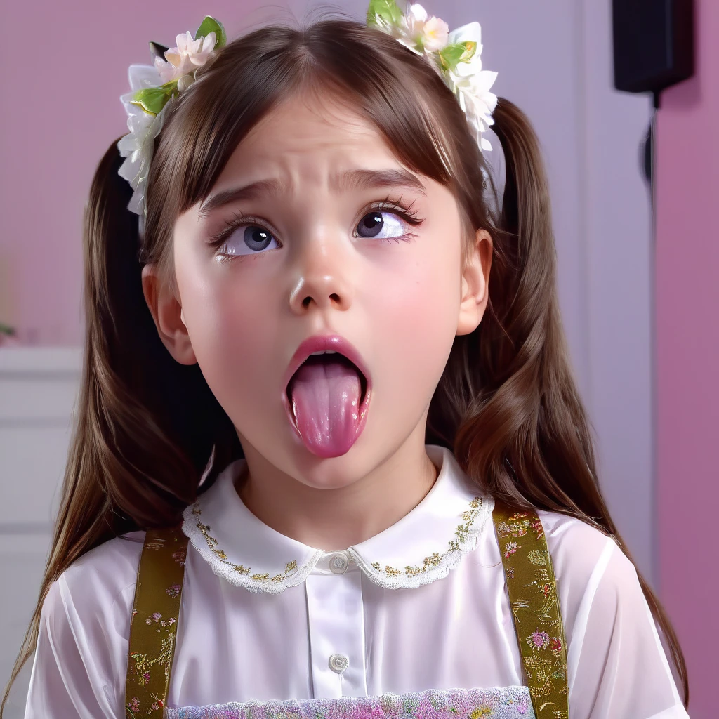 (ahegao!)[((Young little 7yo girl the expression , long tongue, Extreme detailing, Complex key, ((Single Shot)), ((Best Quality)), ((Masterpiece)) , ( (Realistic)), (IDEAL), 8K, impressionism: 0.2 Обои Full HD